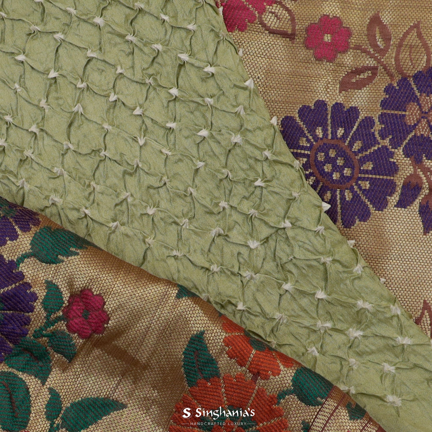 Sage Green Printed Silk Saree With Bandhani Pattern