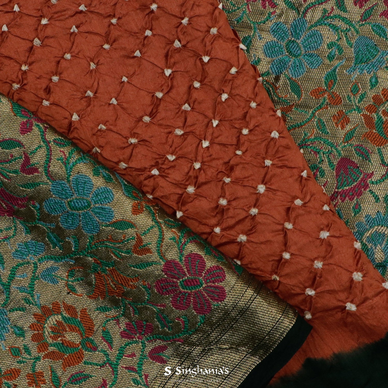 Medium Vermilion Orange Printed Silk Saree With Bandhani Pattern