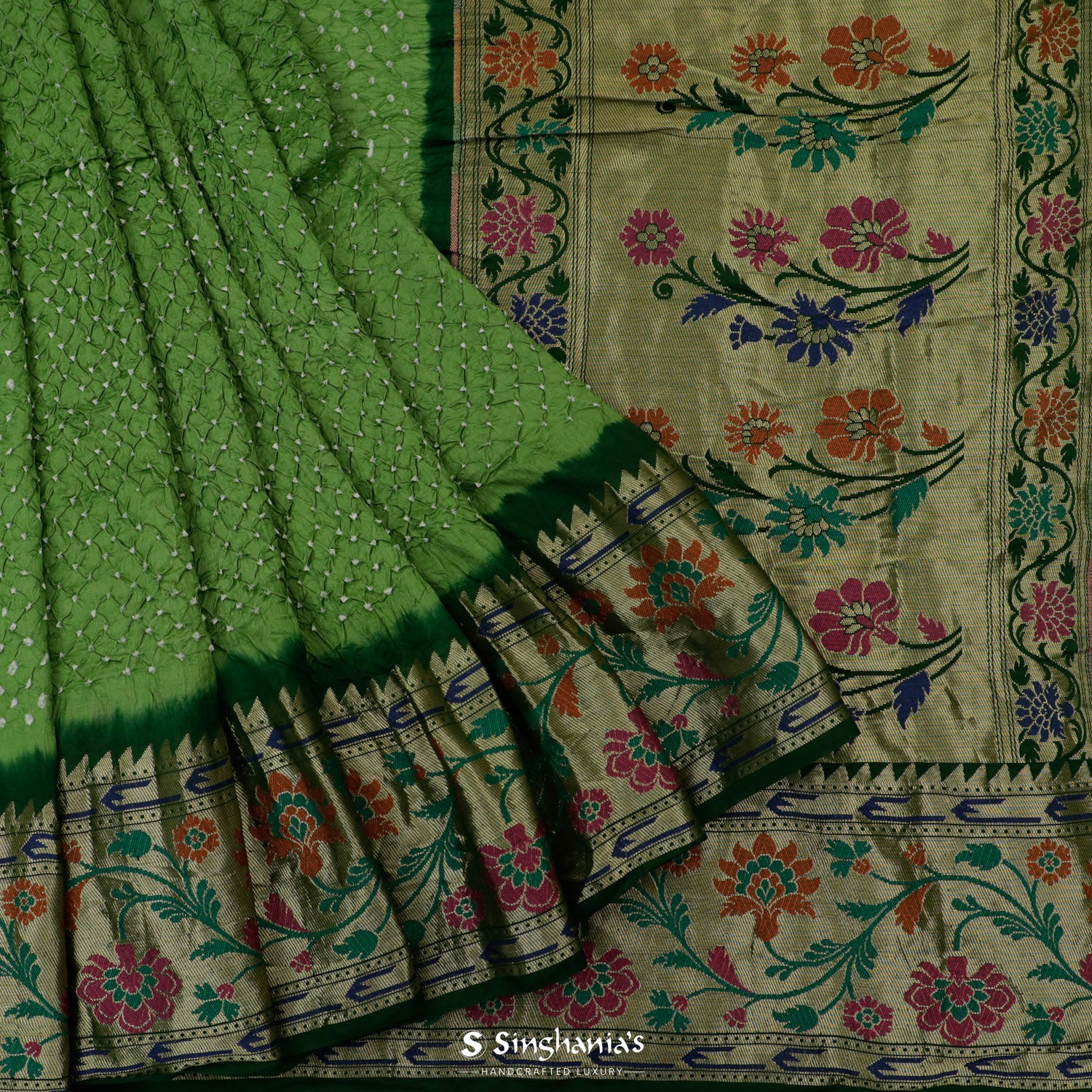 Corn Green Printed Silk Saree With Bandhani Pattern