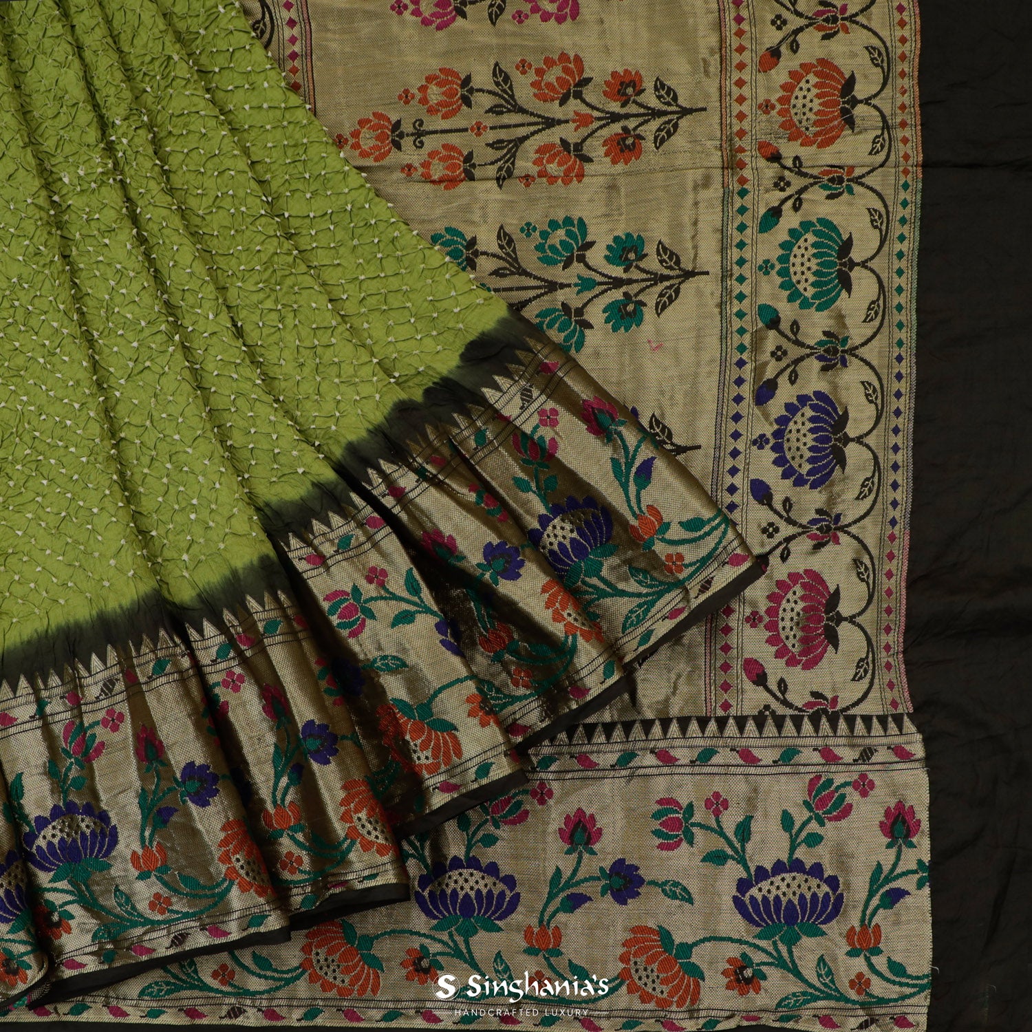 Bright Yellow-Green Printed Silk Saree With Bandhani Pattern