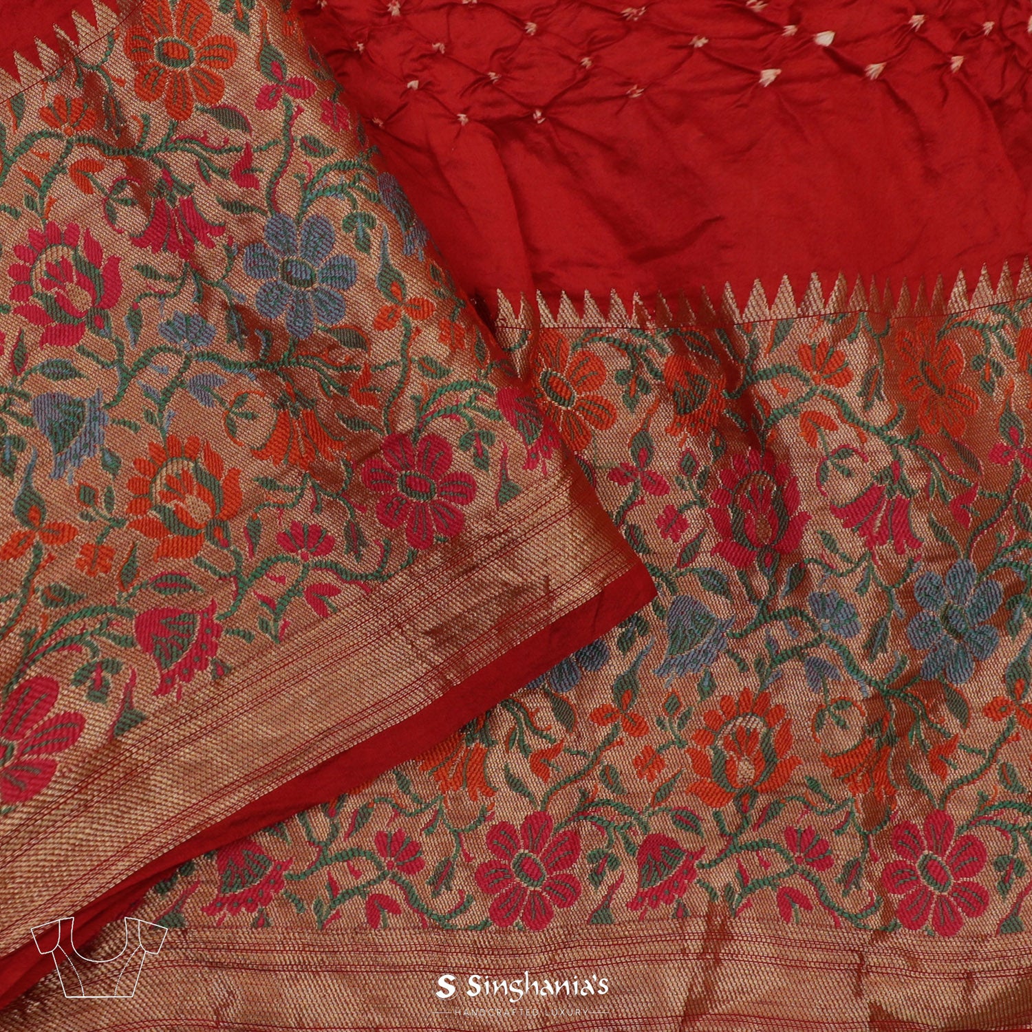 Imperial Red Printed Silk Saree With Bandhani Pattern