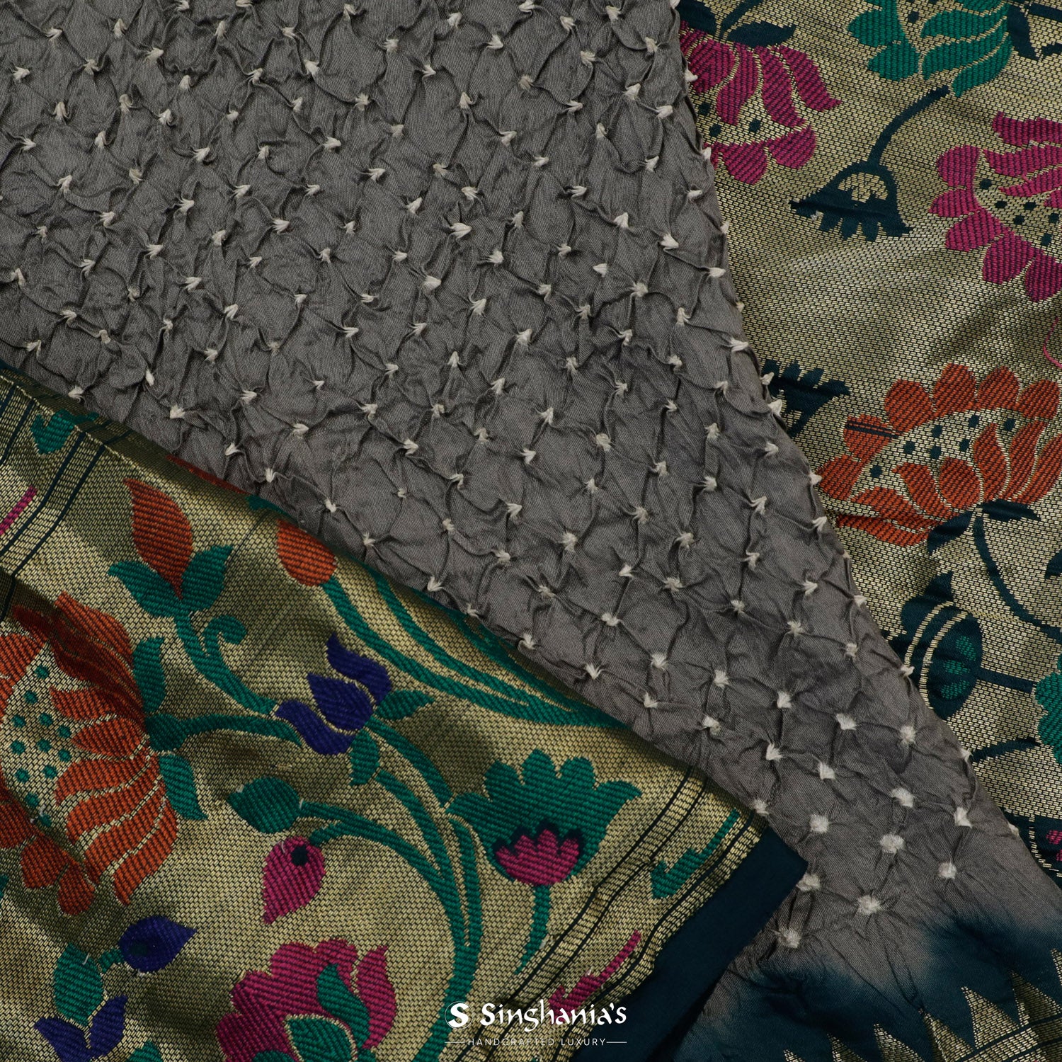 Vintage Gray Printed Silk Saree With Bandhani Pattern