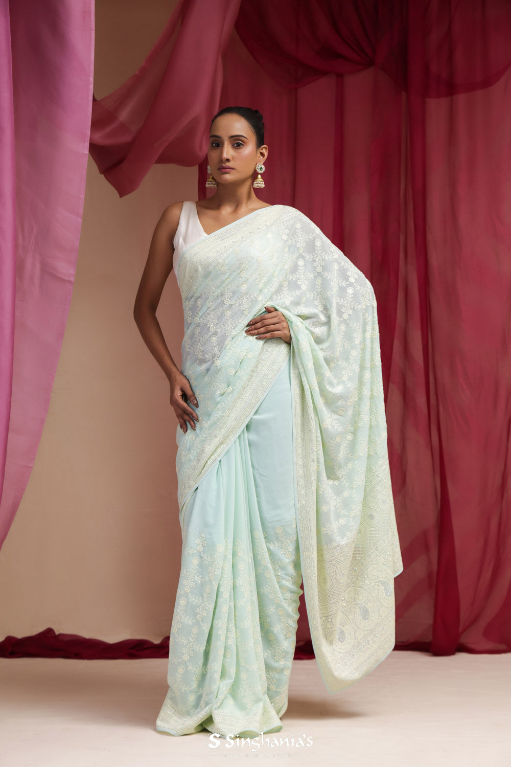 Powder Blue Georgette Designer Saree With Lucknowi Embroidery