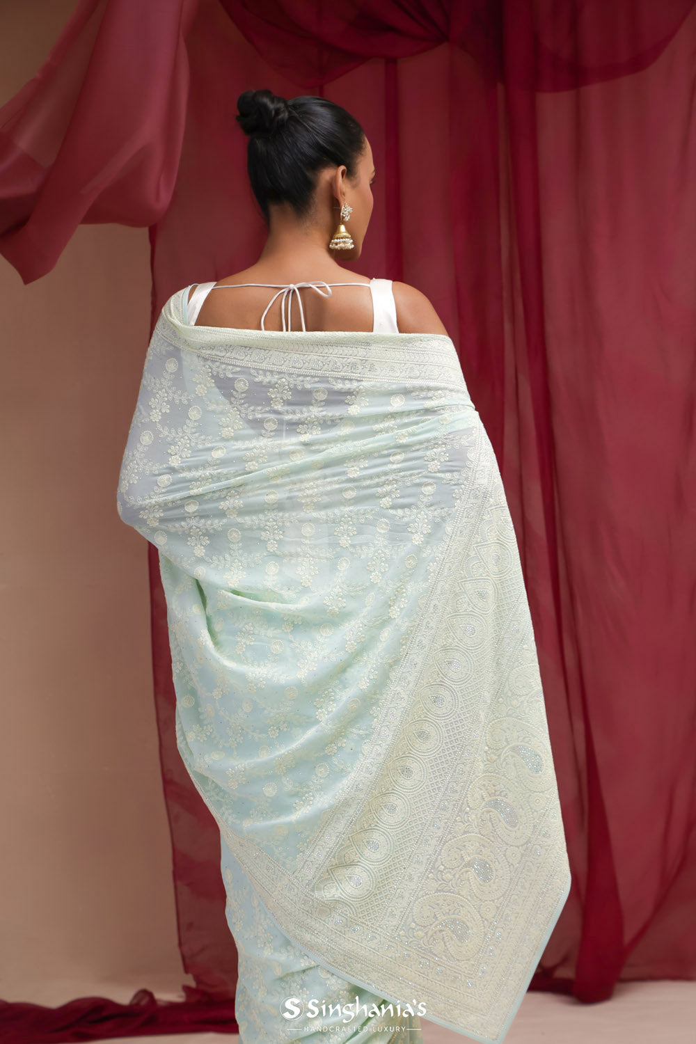 Powder Blue Georgette Designer Saree With Lucknowi Embroidery