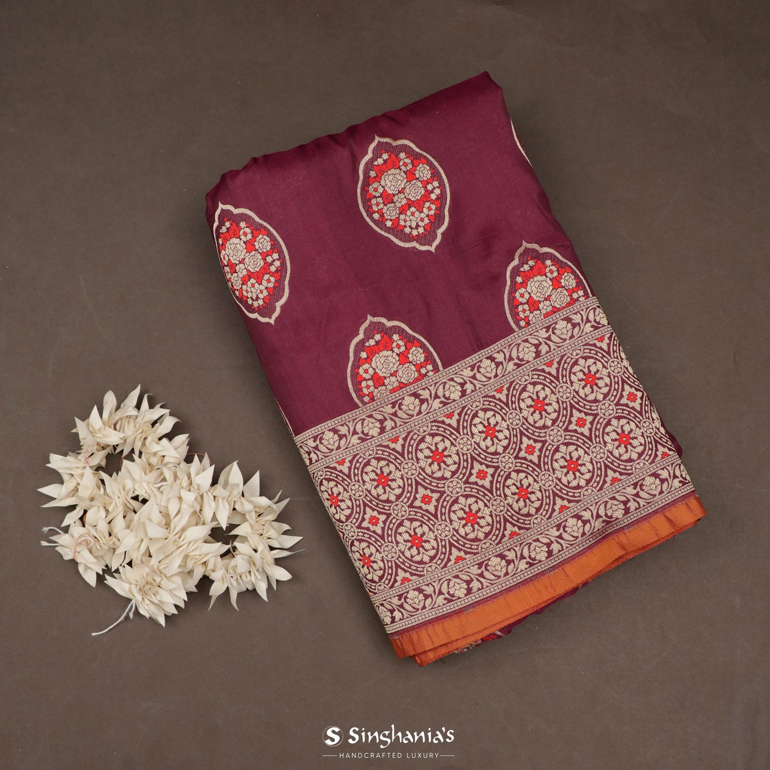 Jam Purple Banarasi Saree With Floral Butta Weaving