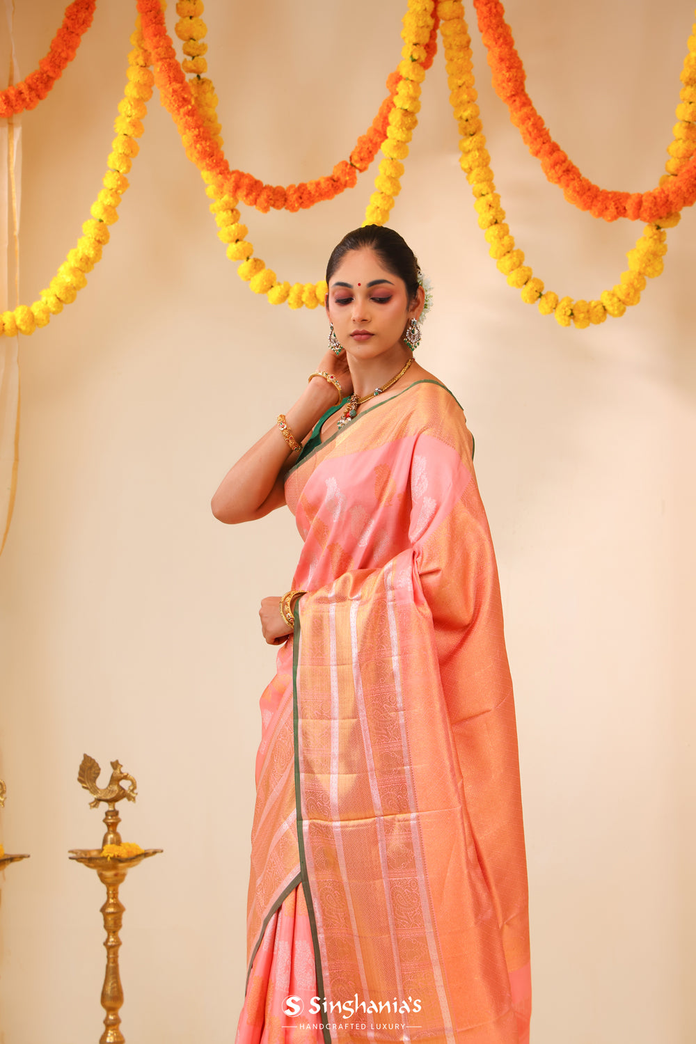 Light Pink Kanjivaram Silk Saree With Peacock Motifs