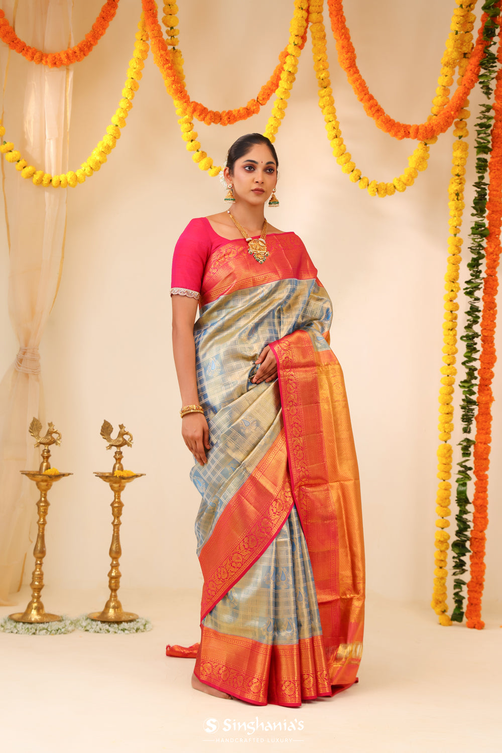 Columbia Yellow Tissue Kanjivaram Saree With Floral Geometric Weaving