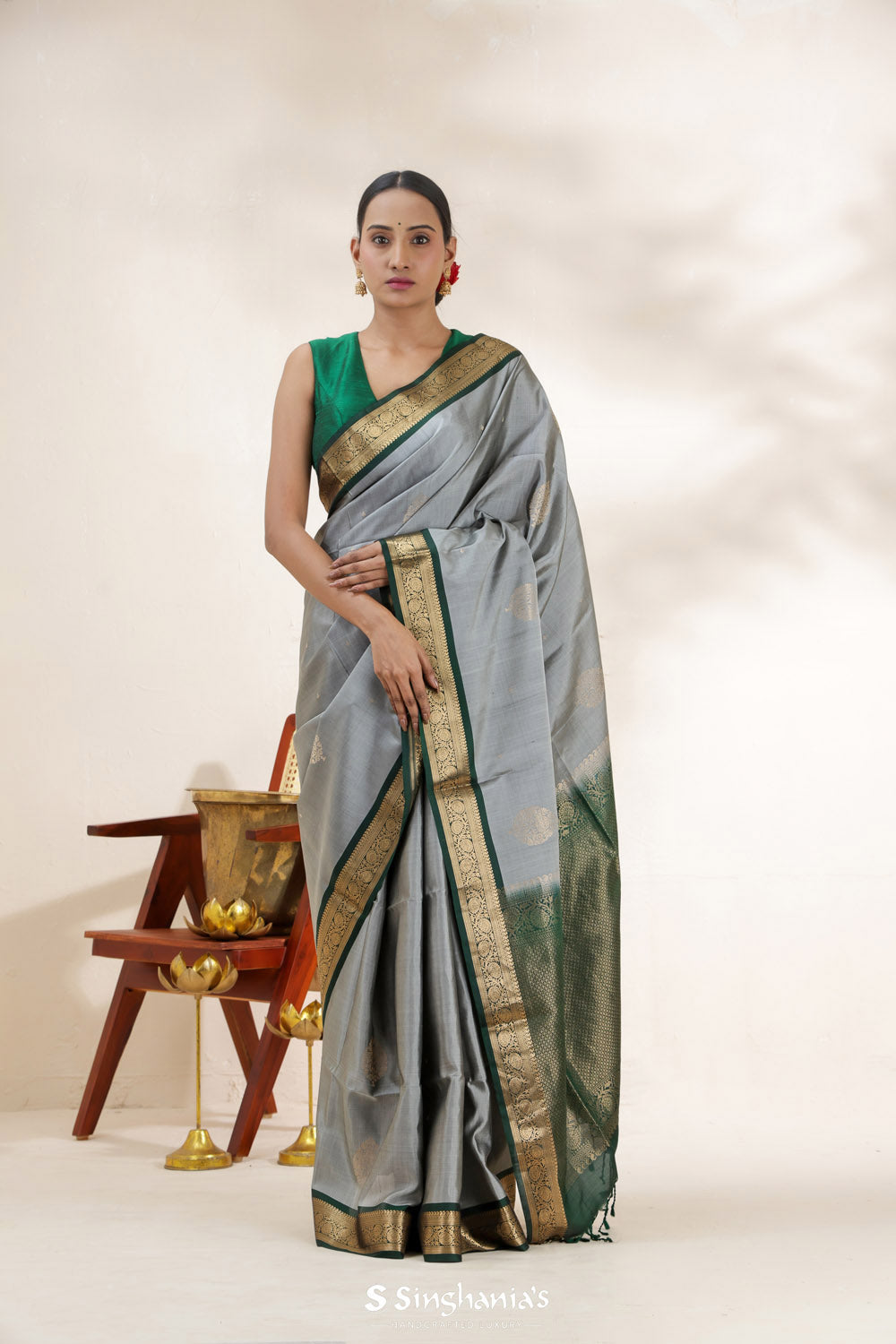 Cadet Grey Soft Silk Saree With Zari Weaving