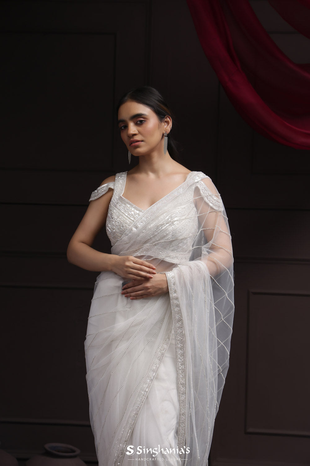 Mercury White Net Designer Saree With Hand Embroidery