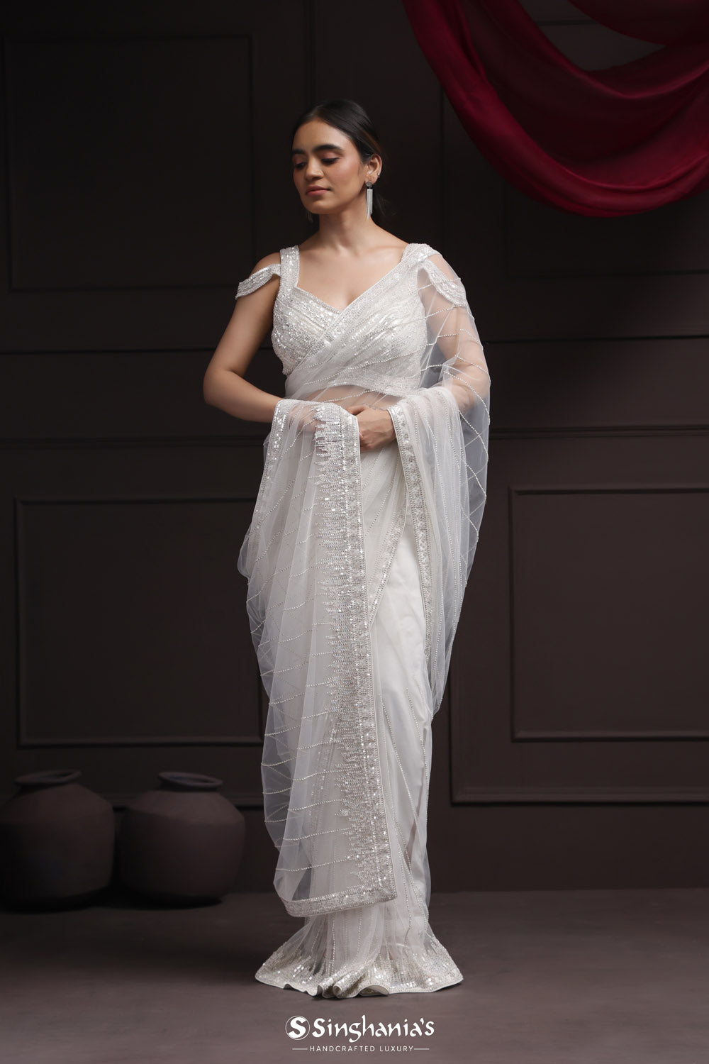 Mercury White Net Designer Saree With Hand Embroidery