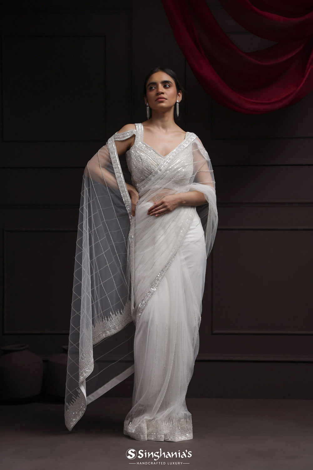 Mercury White Net Designer Saree With Hand Embroidery