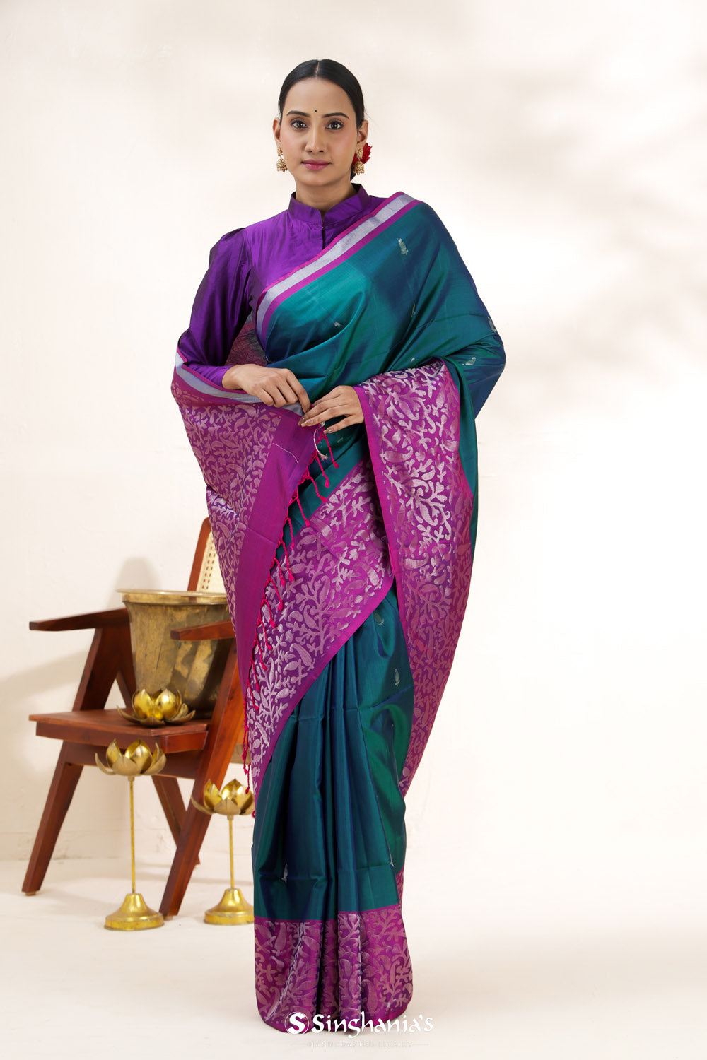 Teal Blue Soft Silk Saree With Contrast Floral Border