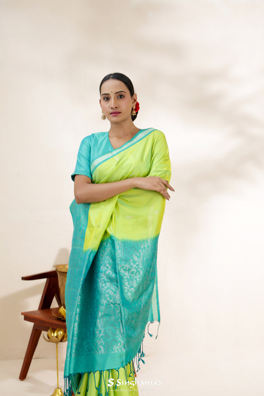 Lime Green Soft Silk Saree With Contrast Border