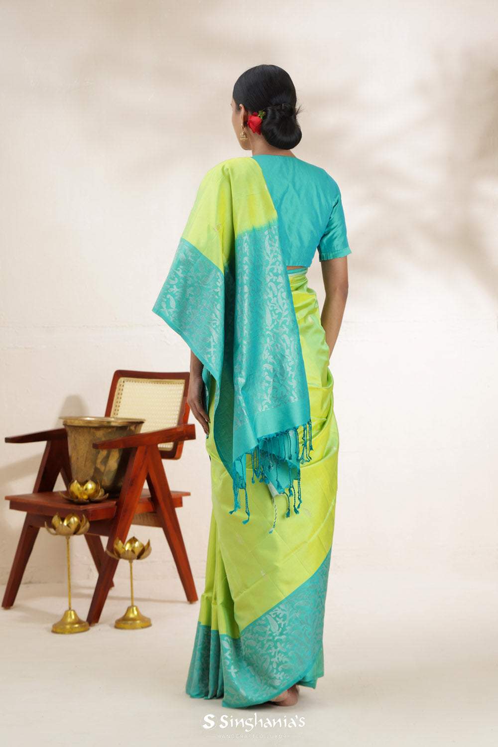 Lime Green Soft Silk Saree With Contrast Border