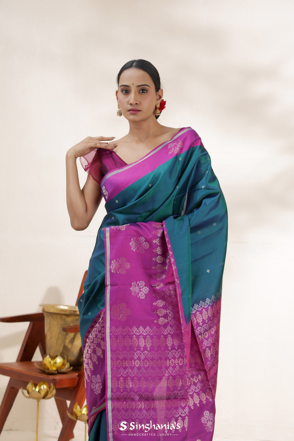 Teal Blue Soft Silk Saree With Contrast Border