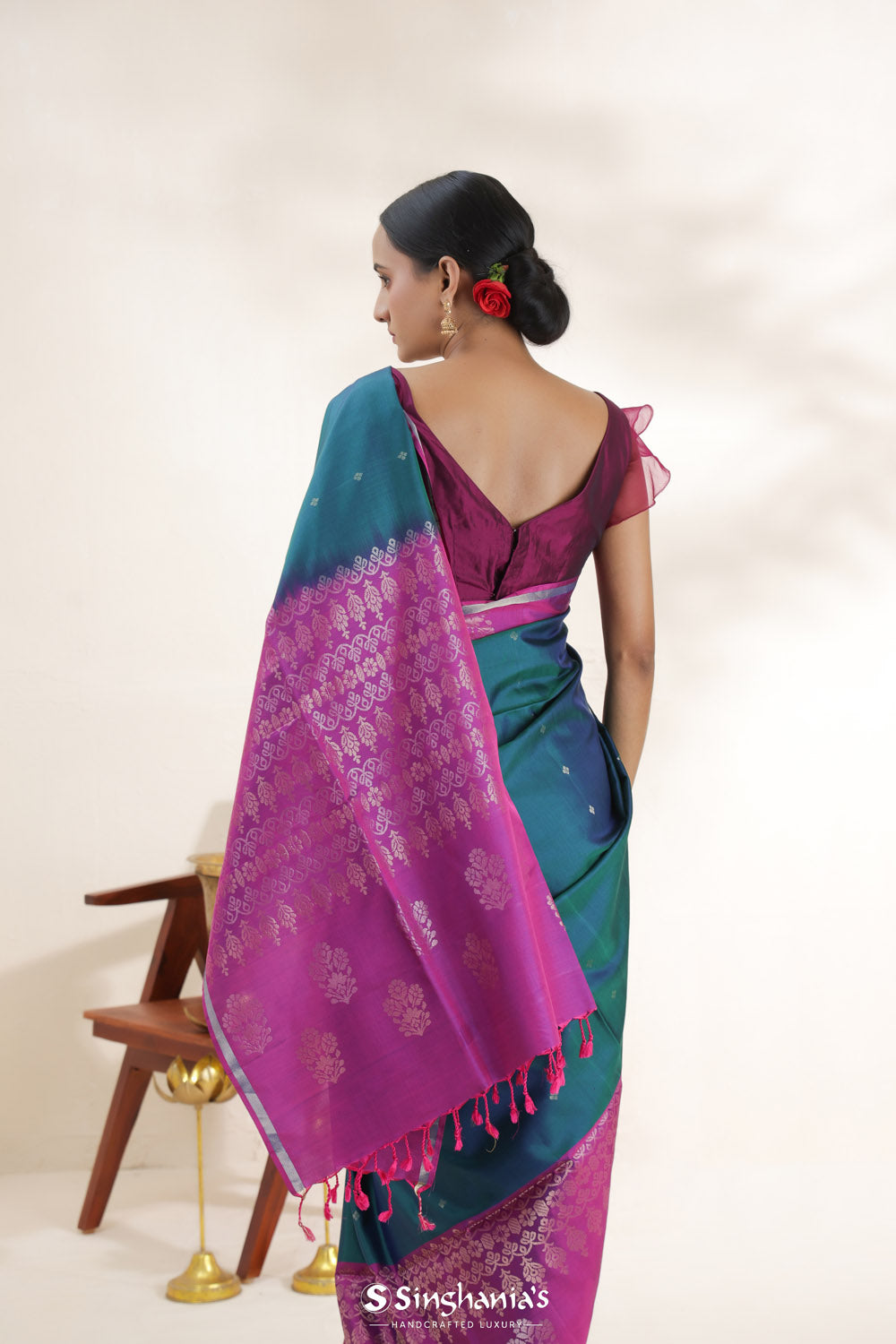 Teal Blue Soft Silk Saree With Contrast Border