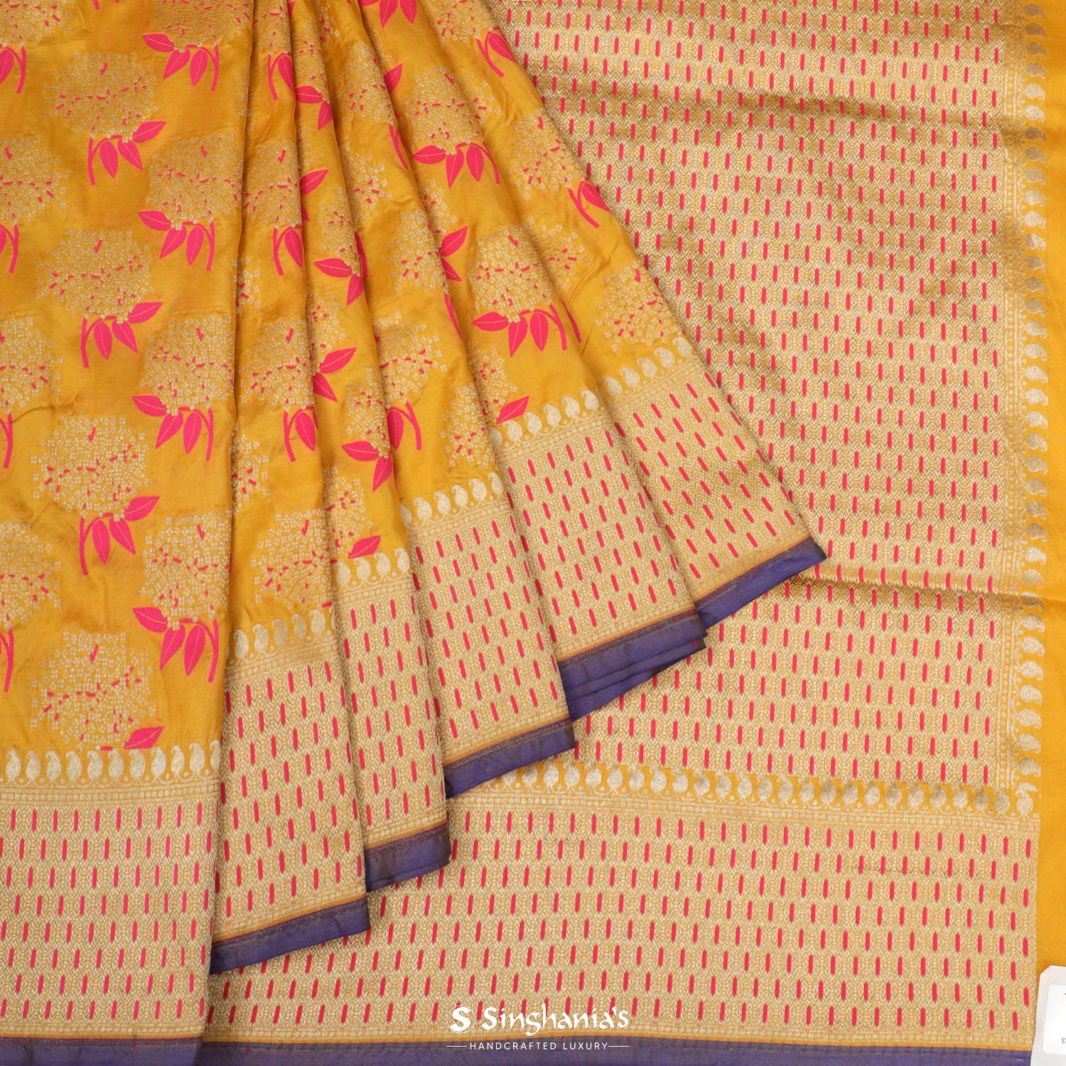Deep Golden Yellow Banarasi Saree With Meenakari Floral Weaving