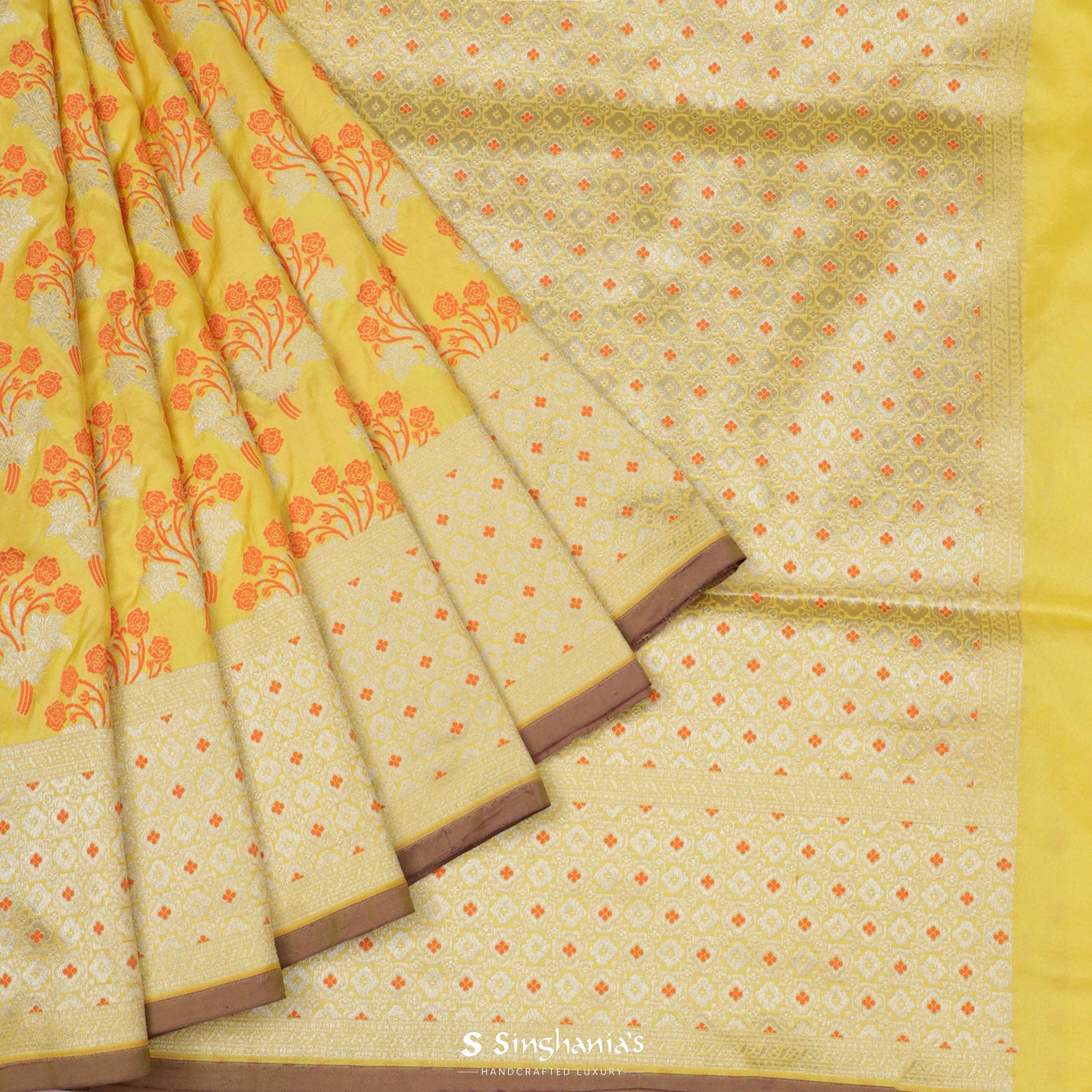 Dandelion Yellow Banarasi Saree With Meenakari Floral Weaving