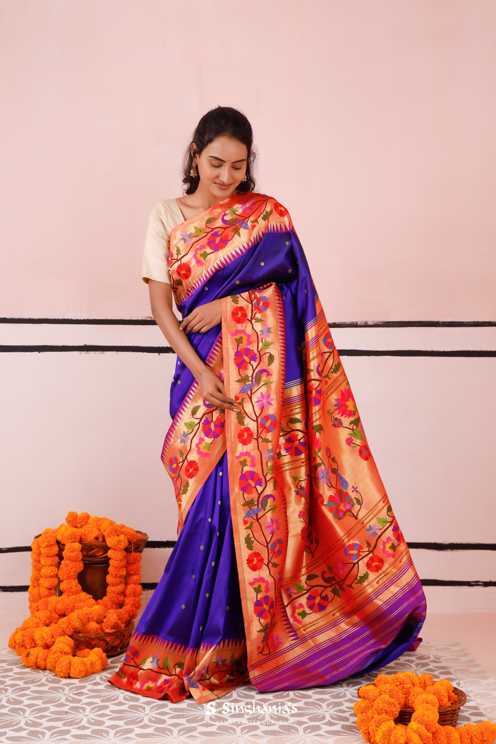 Indigo Blue Paithani Handloom Silk Saree