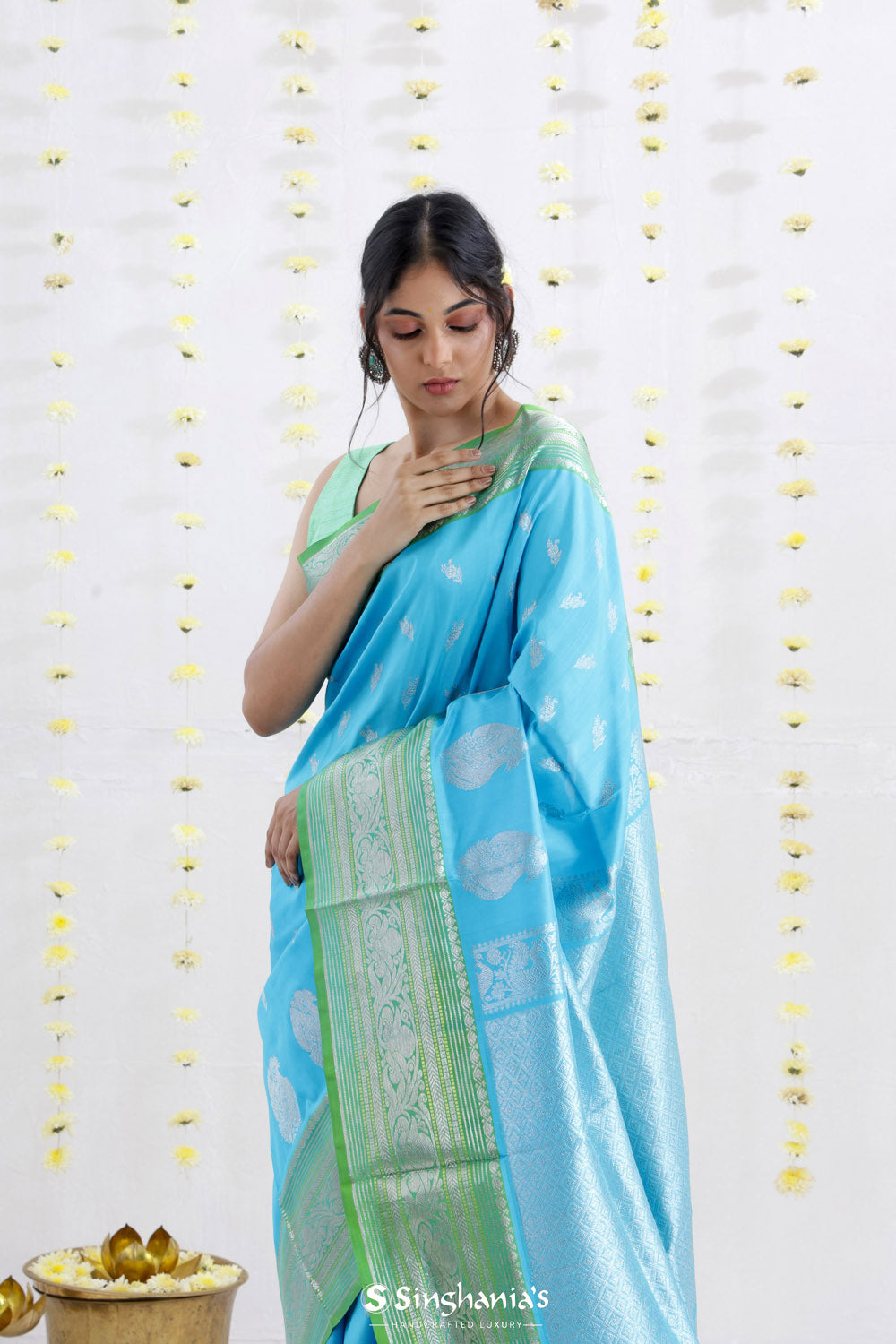 Capri Blue Venkatagiri Silk Saree With Contrast Border