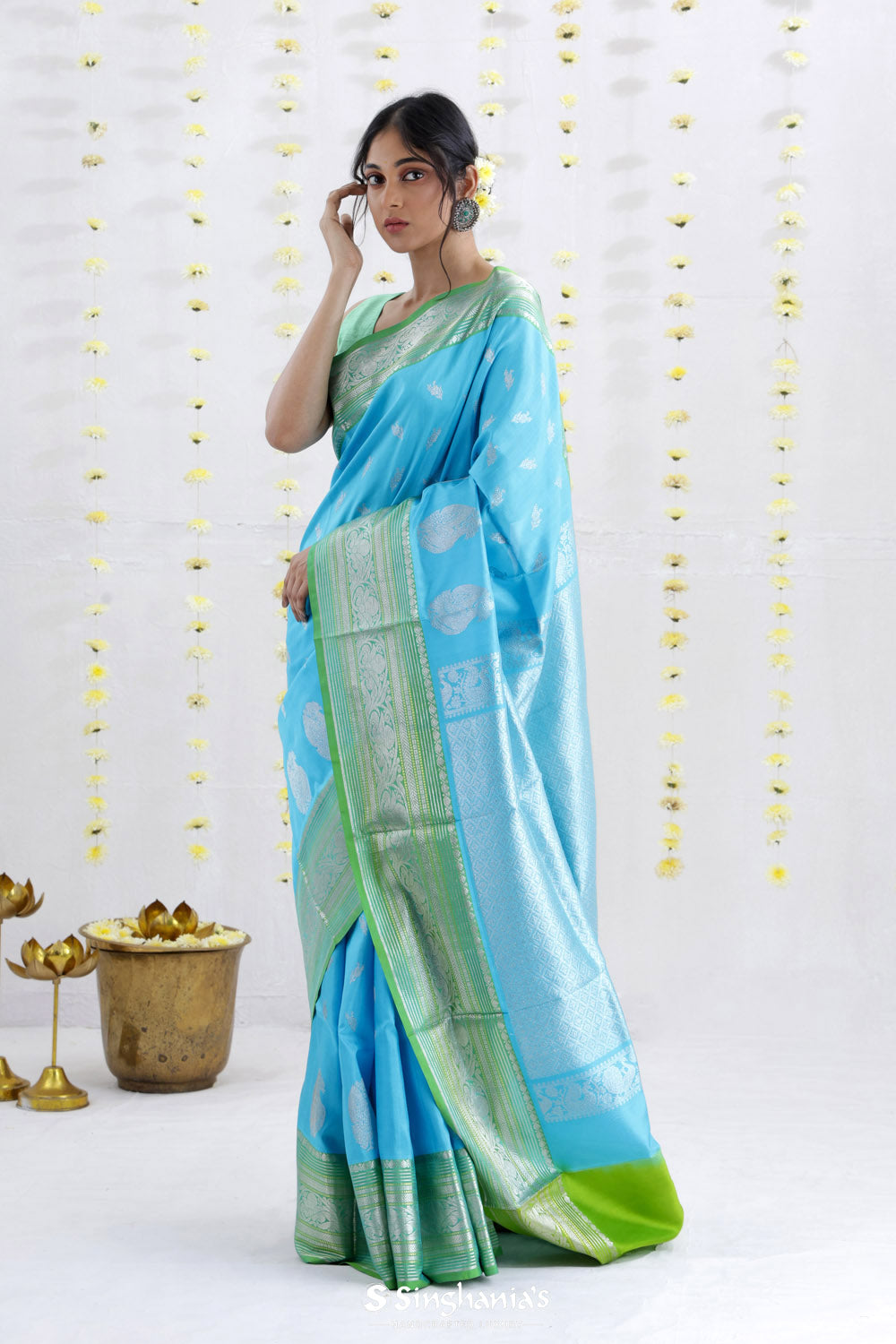 Capri Blue Venkatagiri Silk Saree With Contrast Border