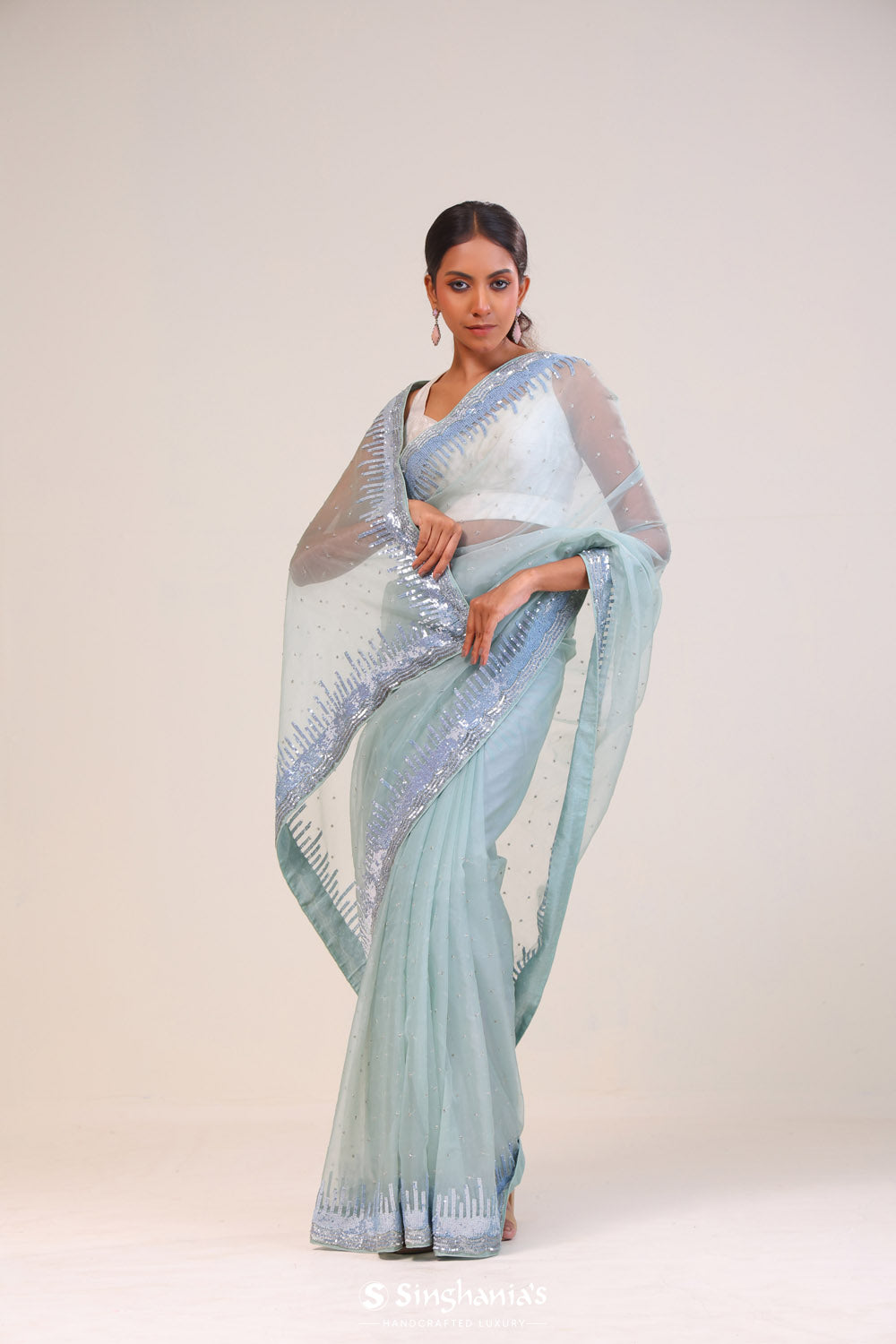 Beau Blue Organza Handcrafted Saree