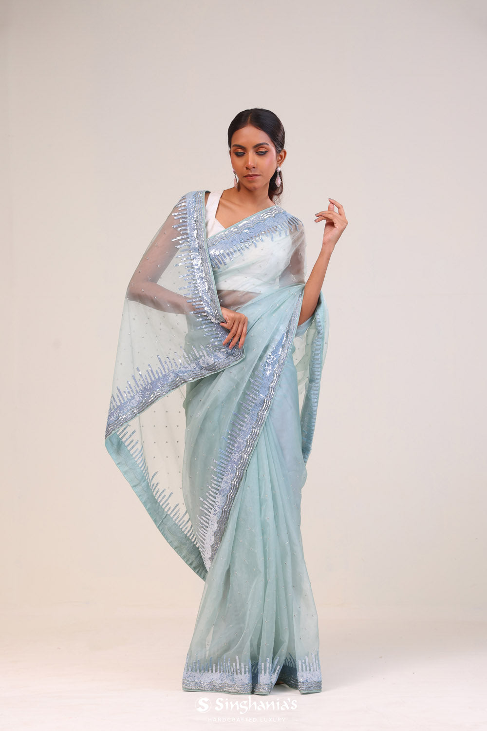 Beau Blue Organza Handcrafted Saree