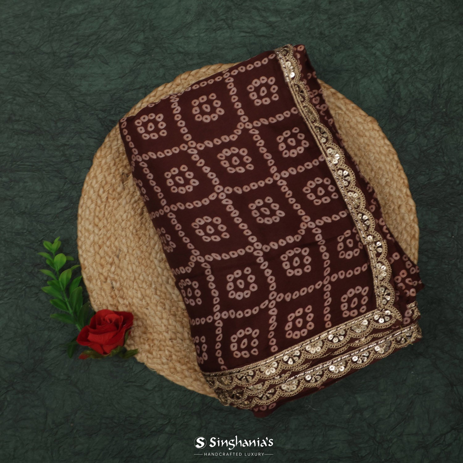 Dark Brown Printed Silk Saree With Bandhani Pattern