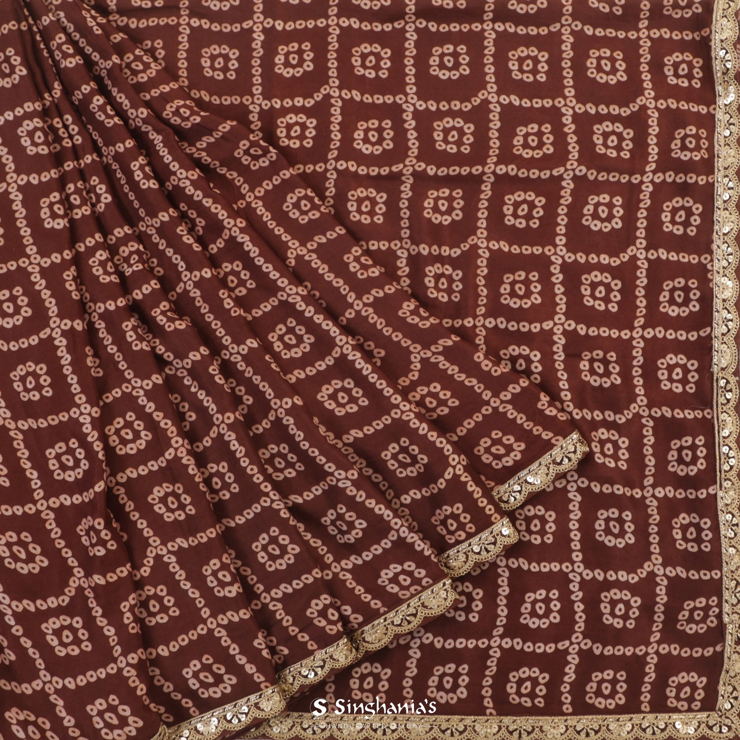 Dark Brown Printed Silk Saree With Bandhani Pattern