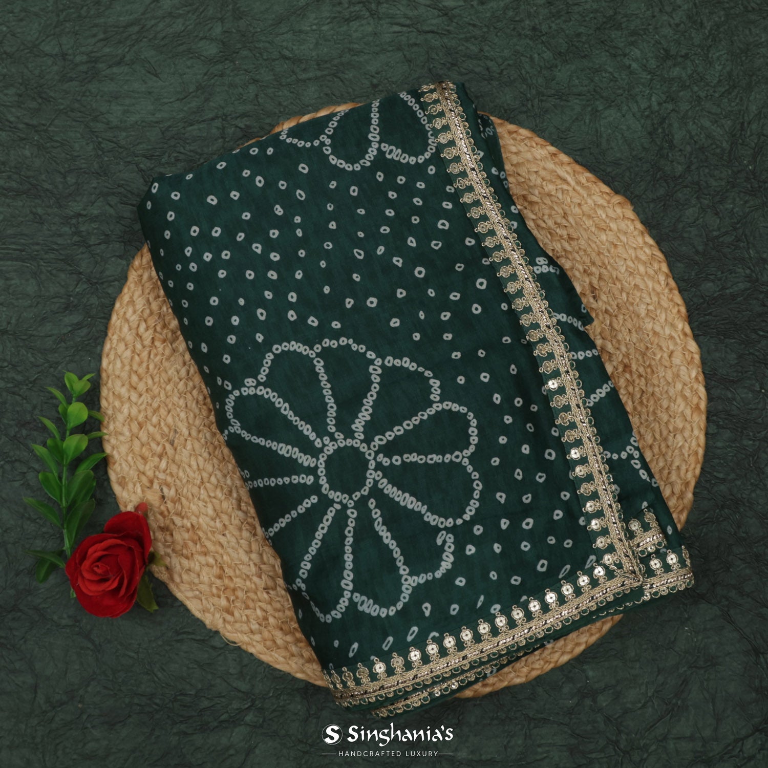 Phthalo Green Printed Silk Saree With Bandhani Pattern