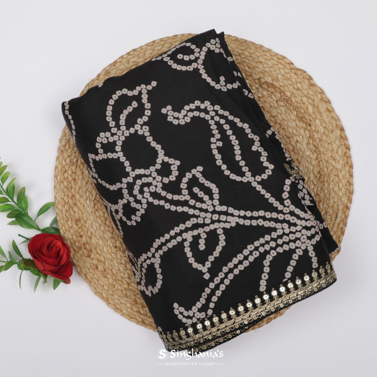 Black Printed Silk Saree With Bandhani Pattern
