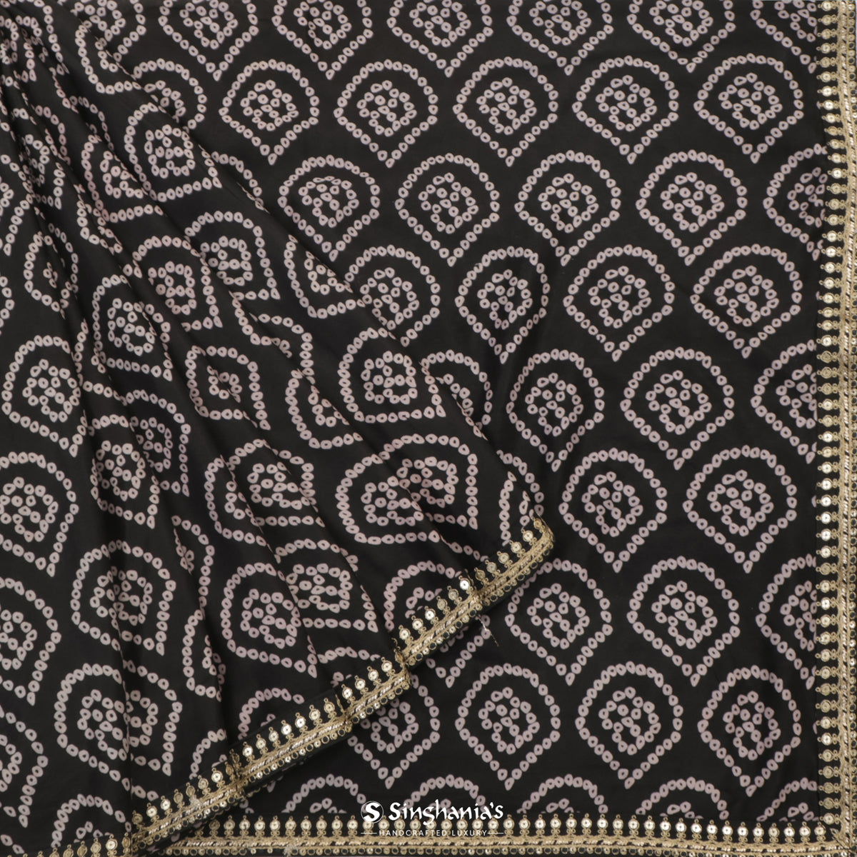 Iron Black Printed Silk Saree With Bandhini Work