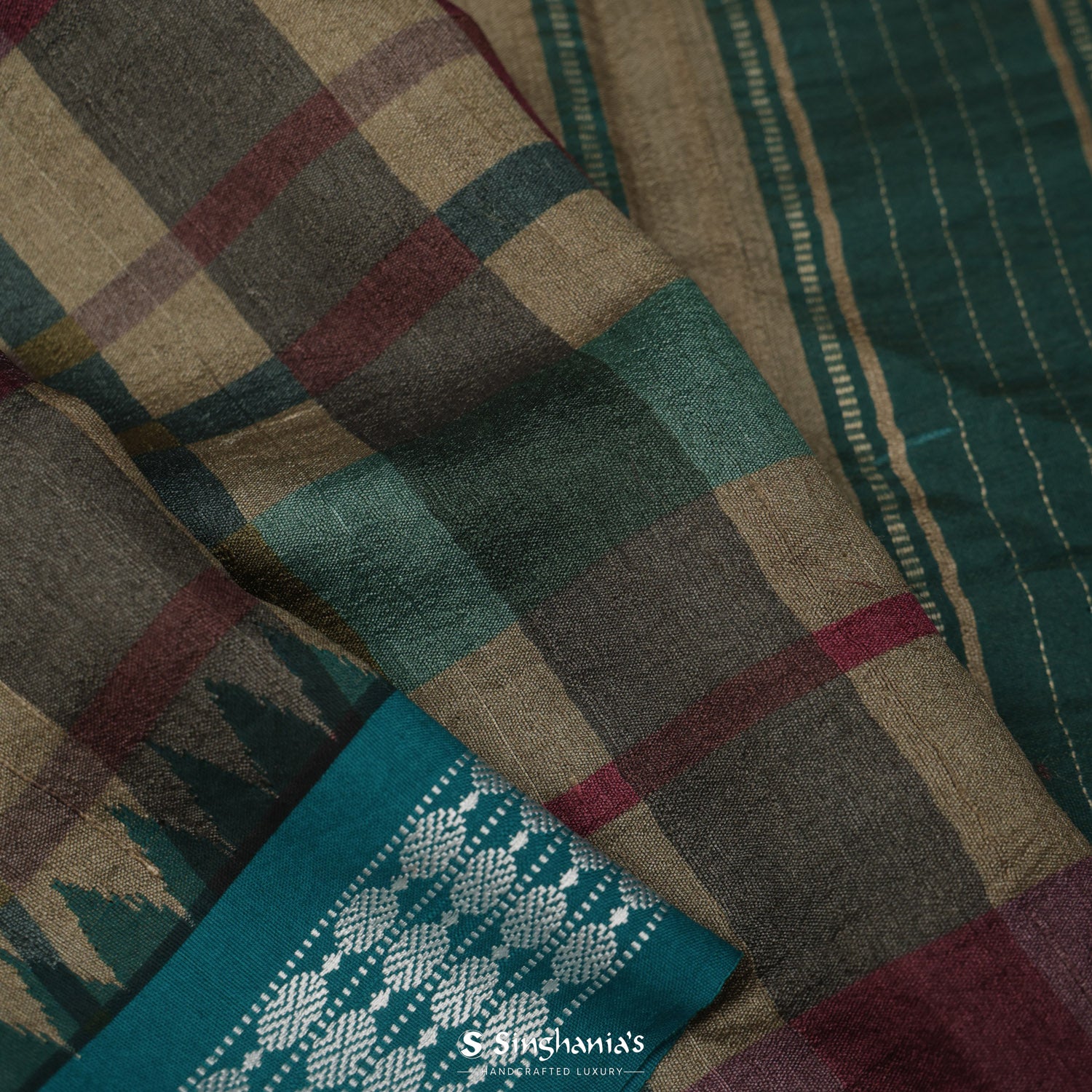 Brown Tussar Printed Silk Saree With Checks Pattern