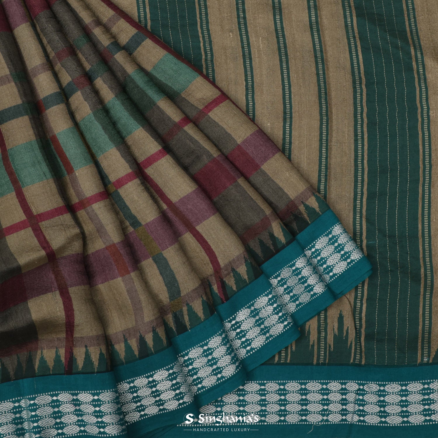 Brown Tussar Printed Silk Saree With Checks Pattern