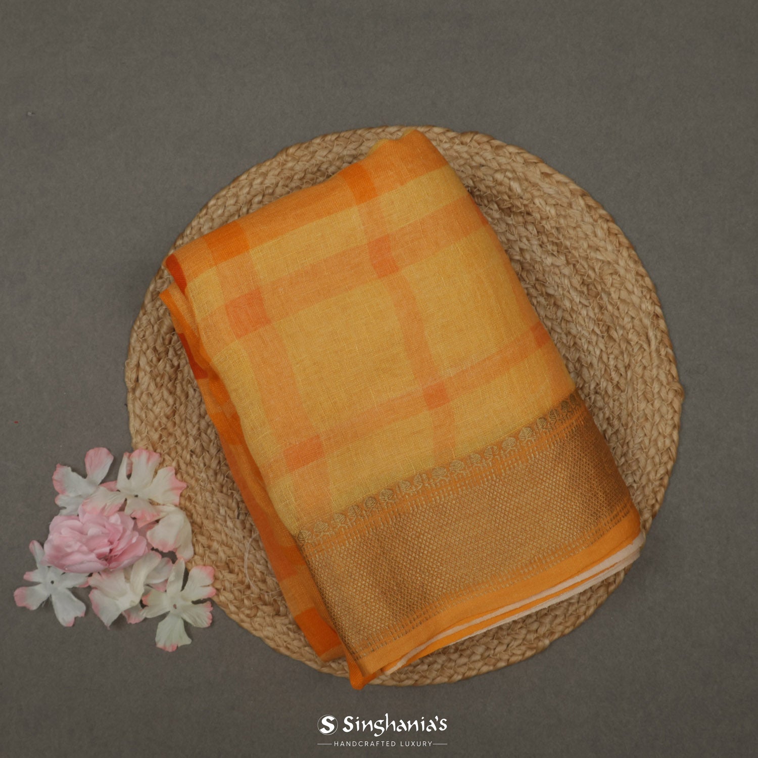 Light Saffron Yellow Printed Linen Saree With Checks Pattern