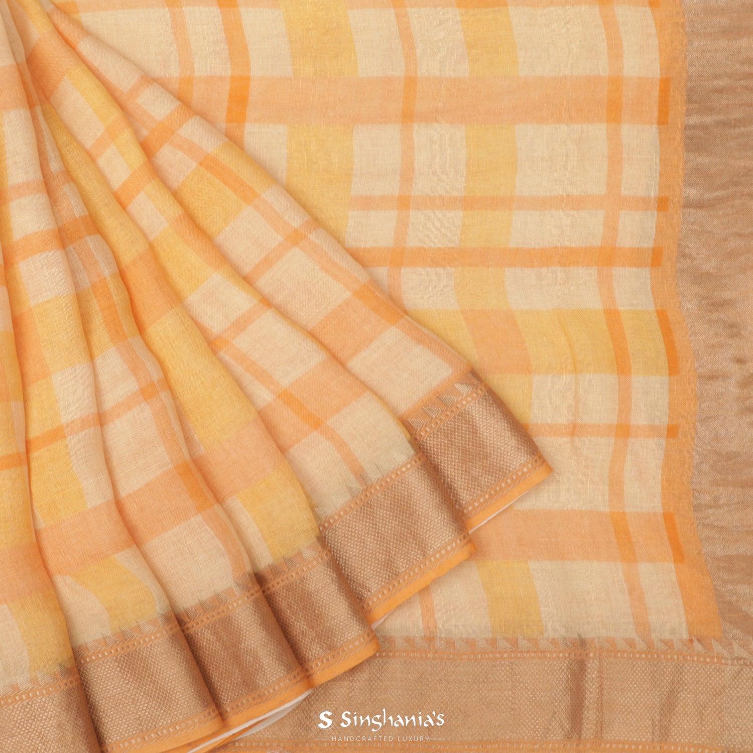 Pale Orange Printed Linen Saree With Checks Pattern