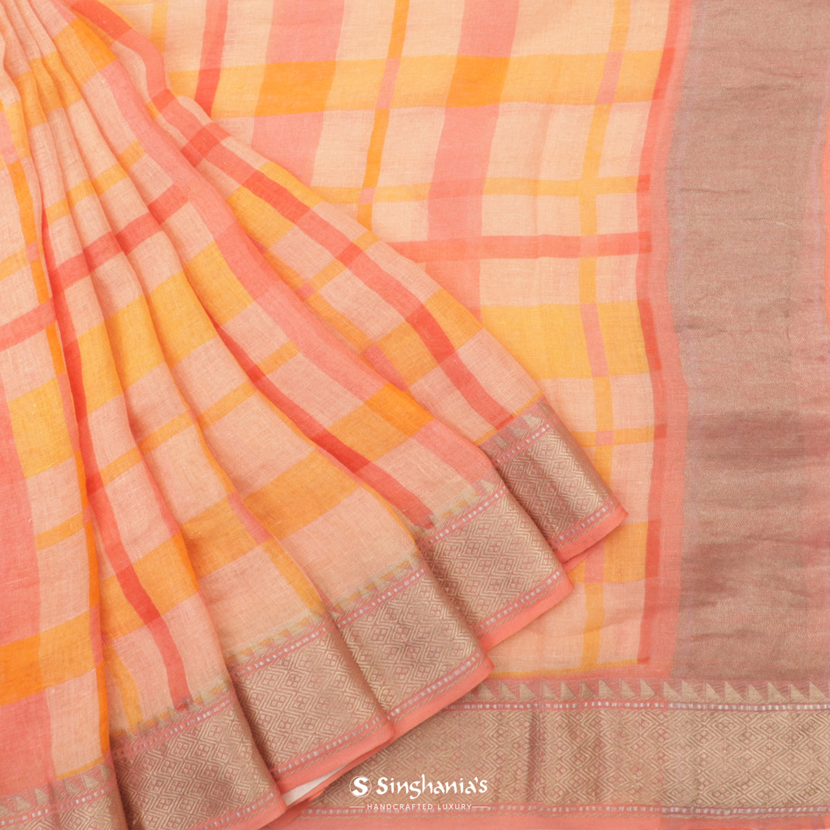 Pastel Peach Multishade Printed Linen Saree With Checks Pattern