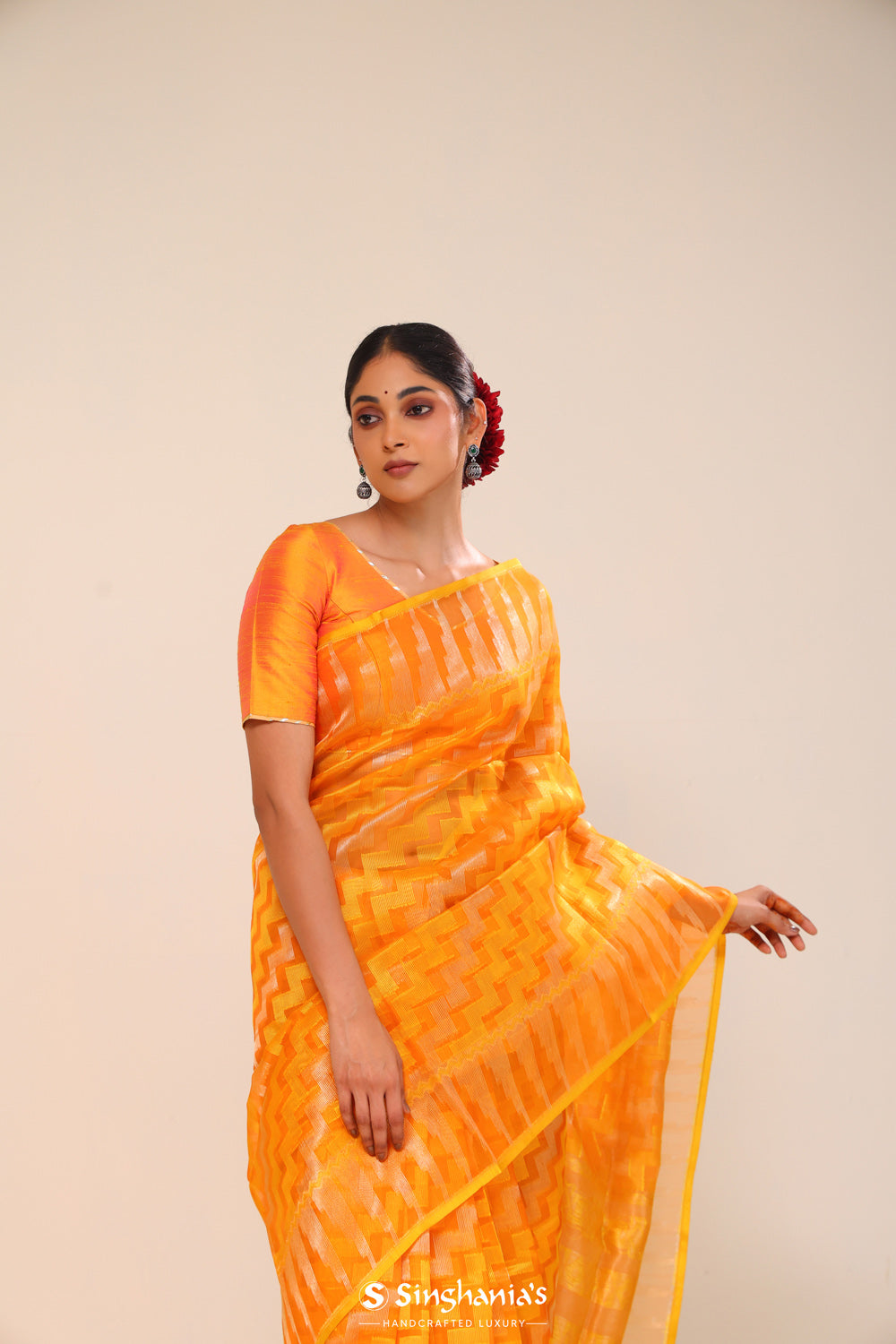 Marigold Orange Organza Chiniya Banarasi Saree