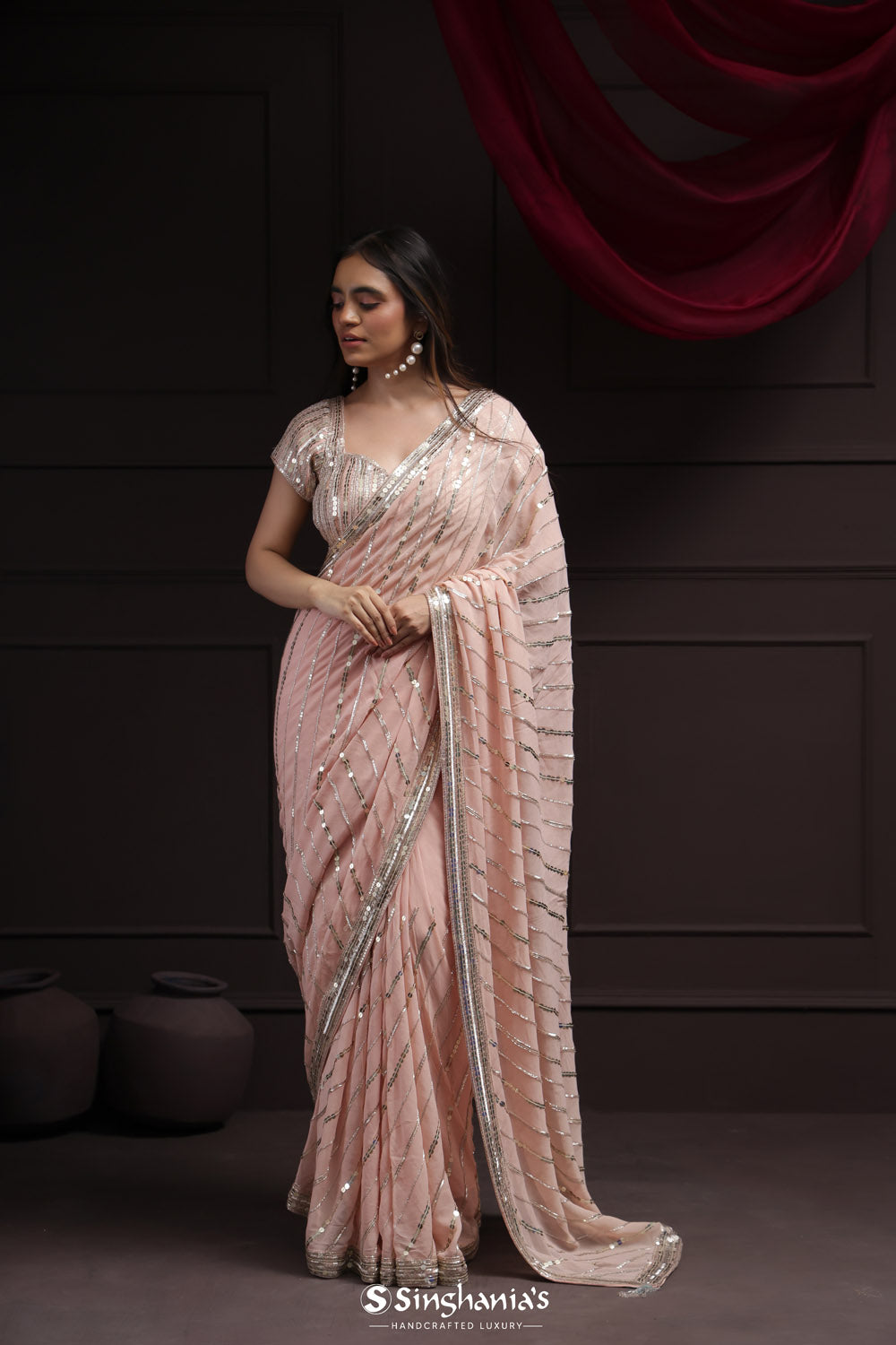 Gold Pink Tissue Designer Saree With Hand Embroidery