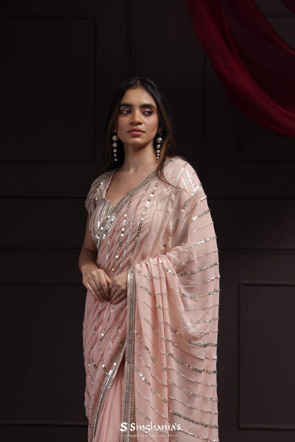 Gold Pink Tissue Designer Saree With Hand Embroidery