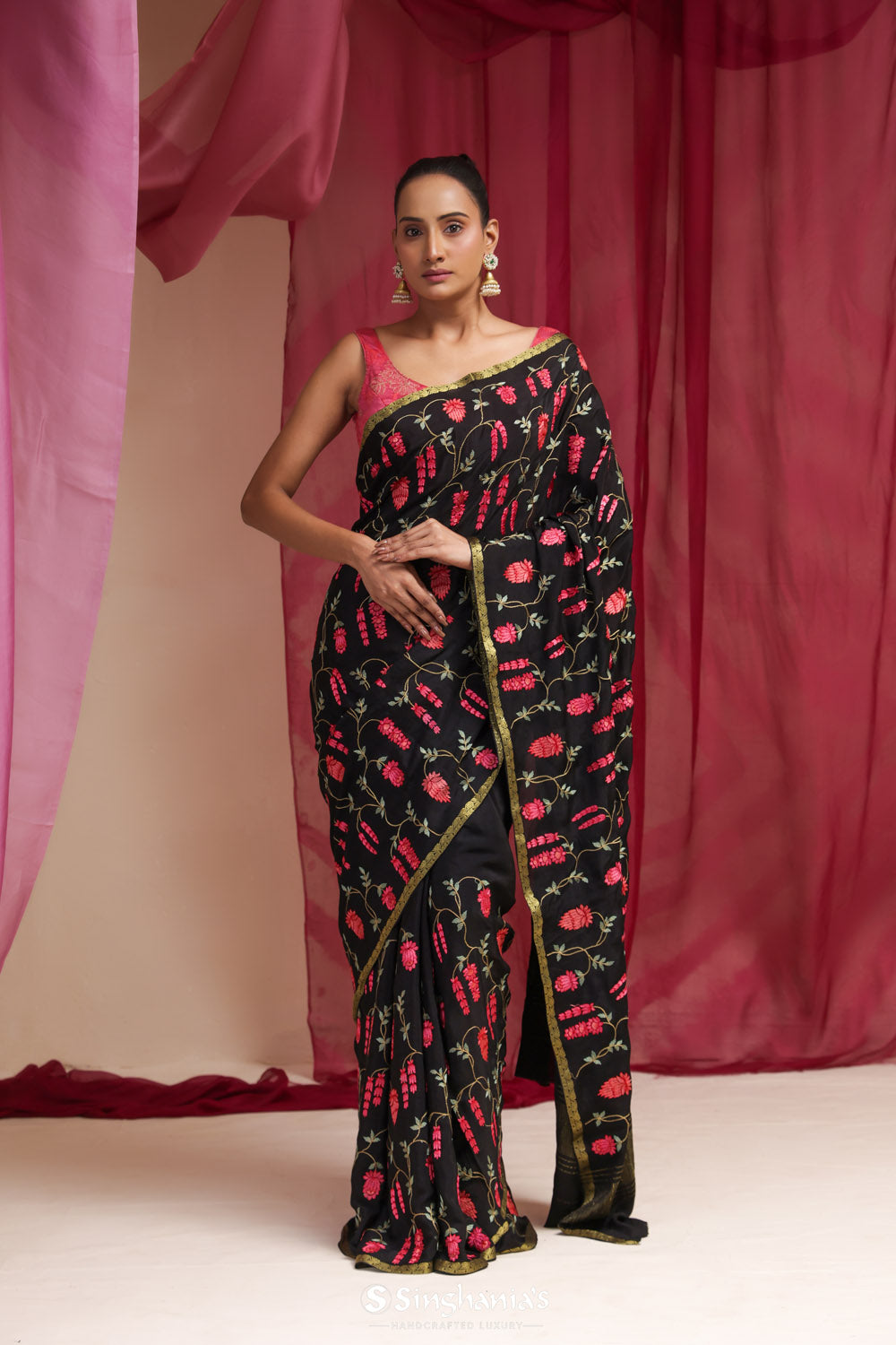 Classic Black Embroidery Silk Saree With Floral Jaal Design