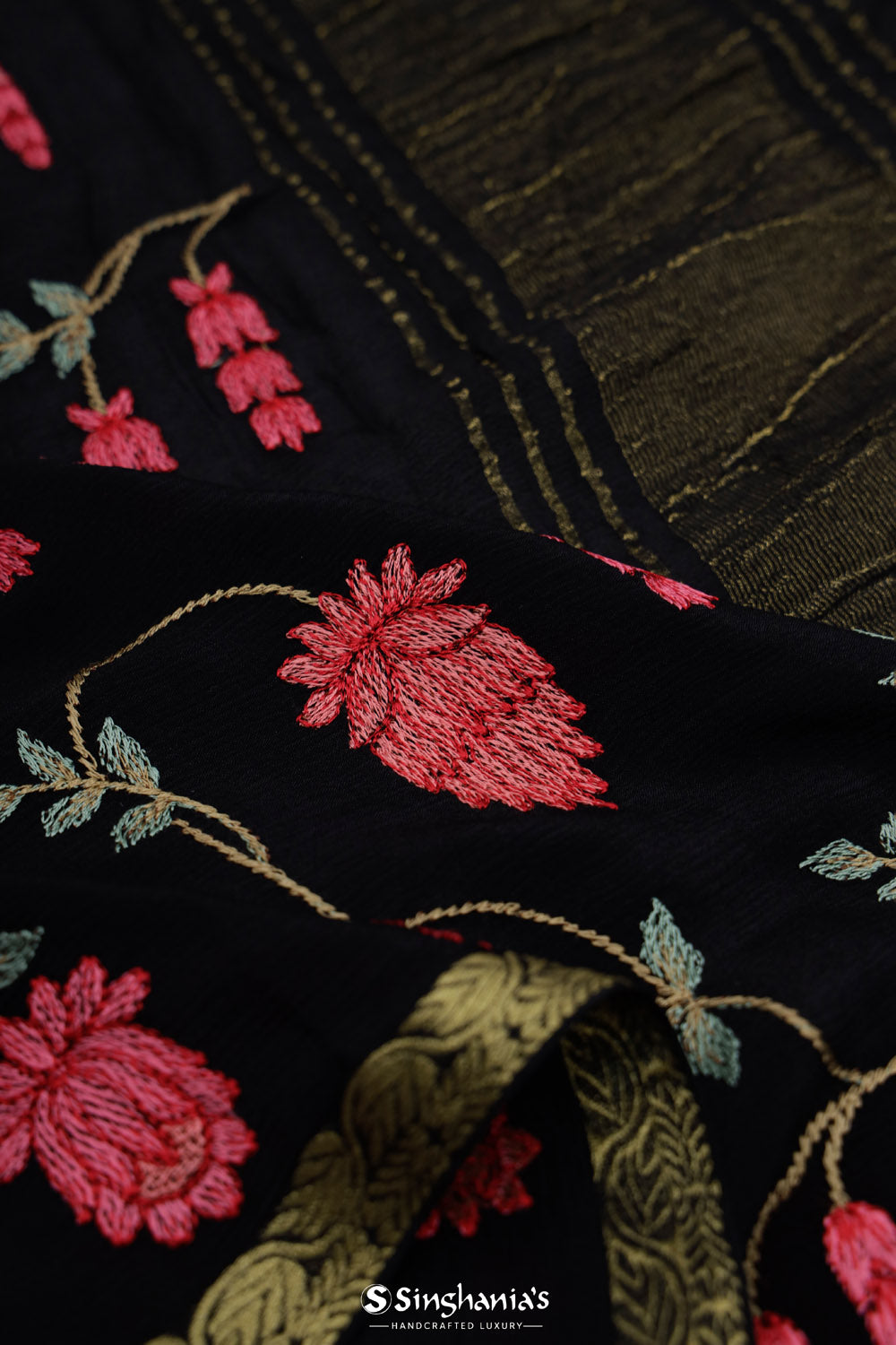 Classic Black Embroidery Silk Saree With Floral Jaal Design