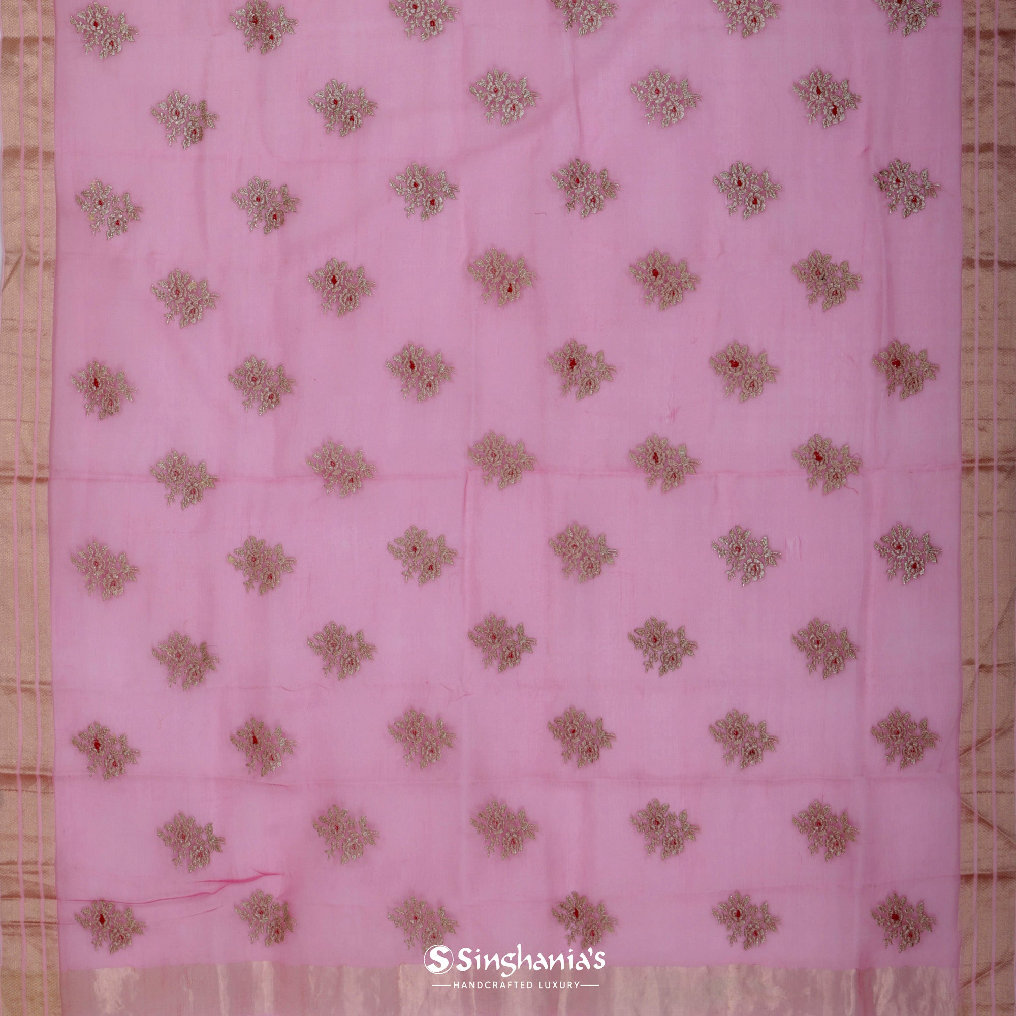 Ruber Pink Printed Organza Saree With Embroidery