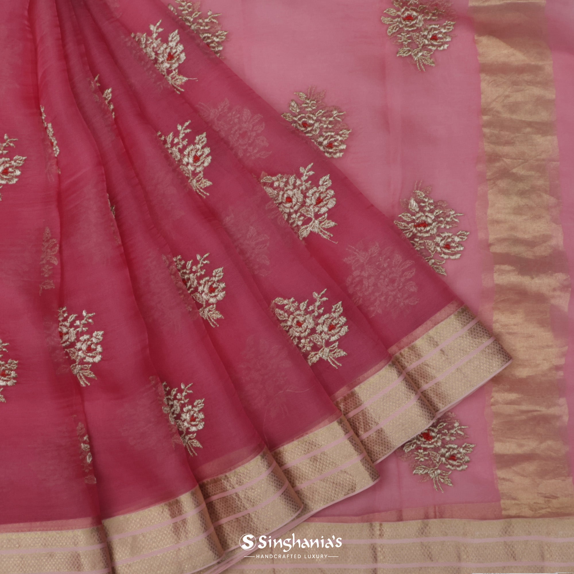 Ruber Pink Printed Organza Saree With Embroidery