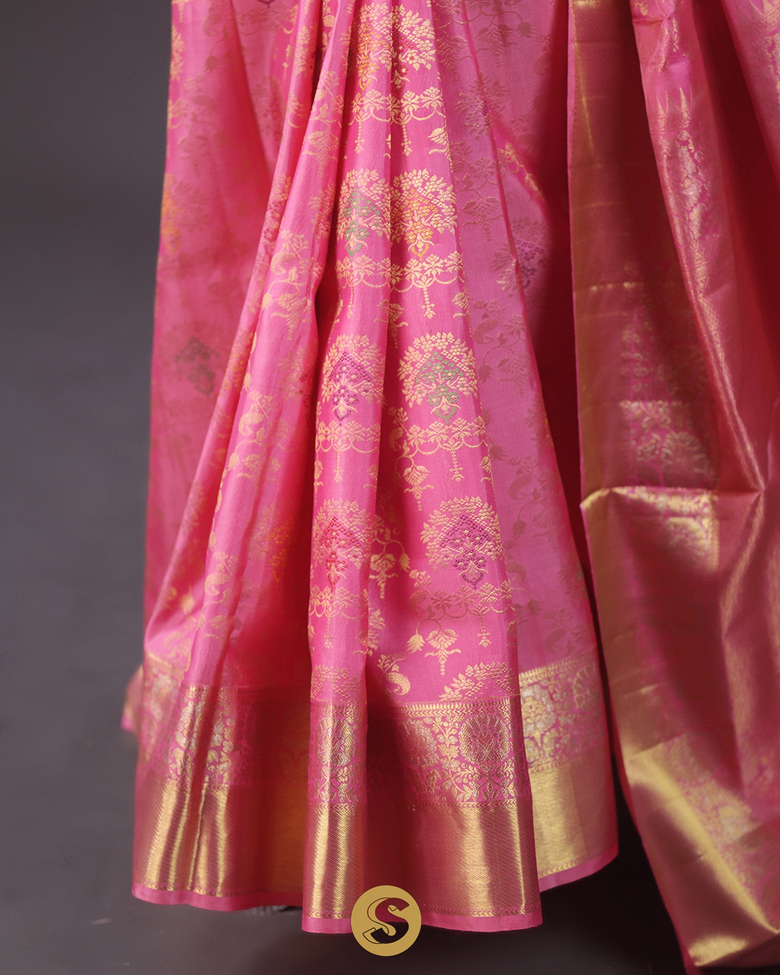 Hot Pink Kanjivaram Silk Saree With Floral Jaal Weaving
