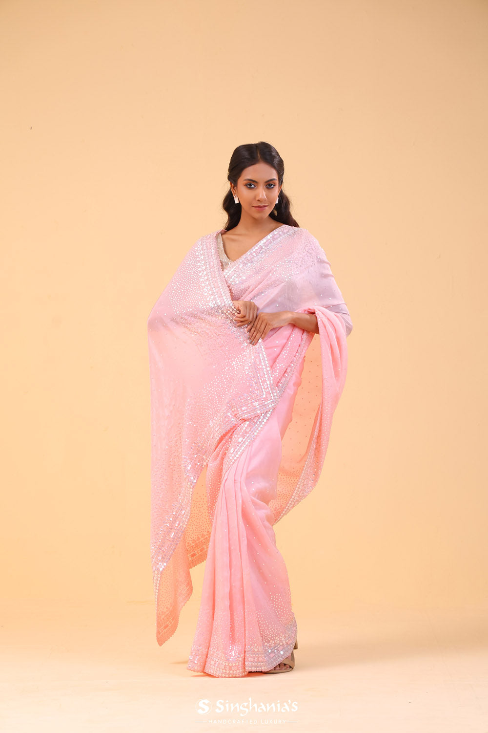 Pink Fluorite Organza Handcrafted Saree