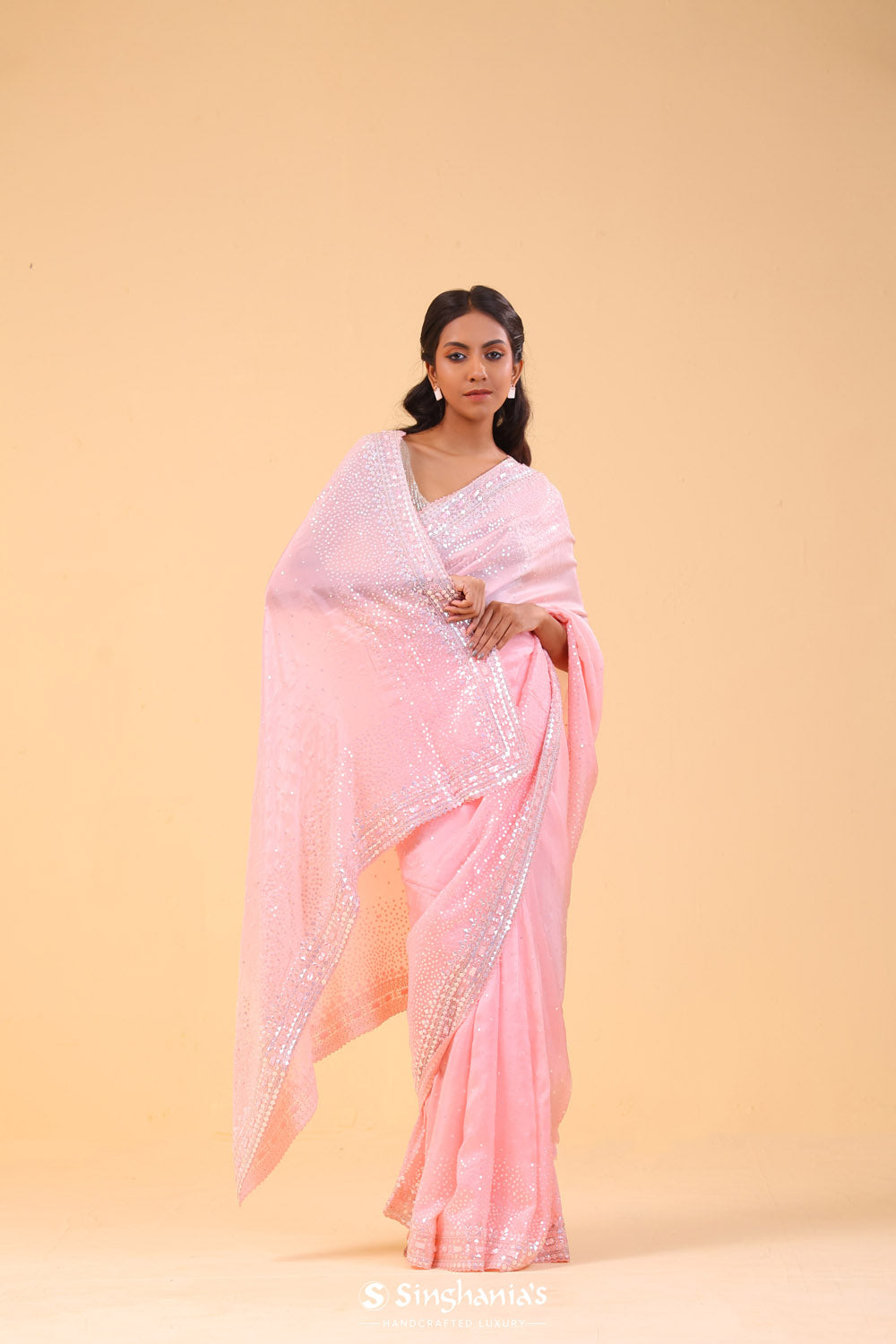 Pink Fluorite Organza Handcrafted Saree