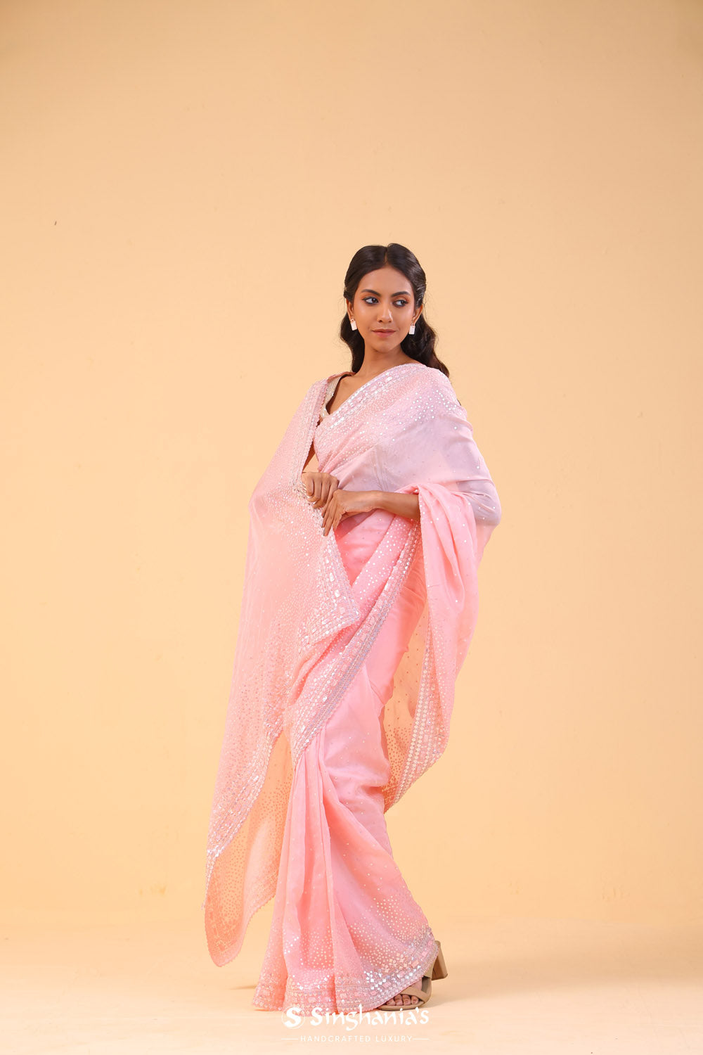 Pink Fluorite Organza Handcrafted Saree