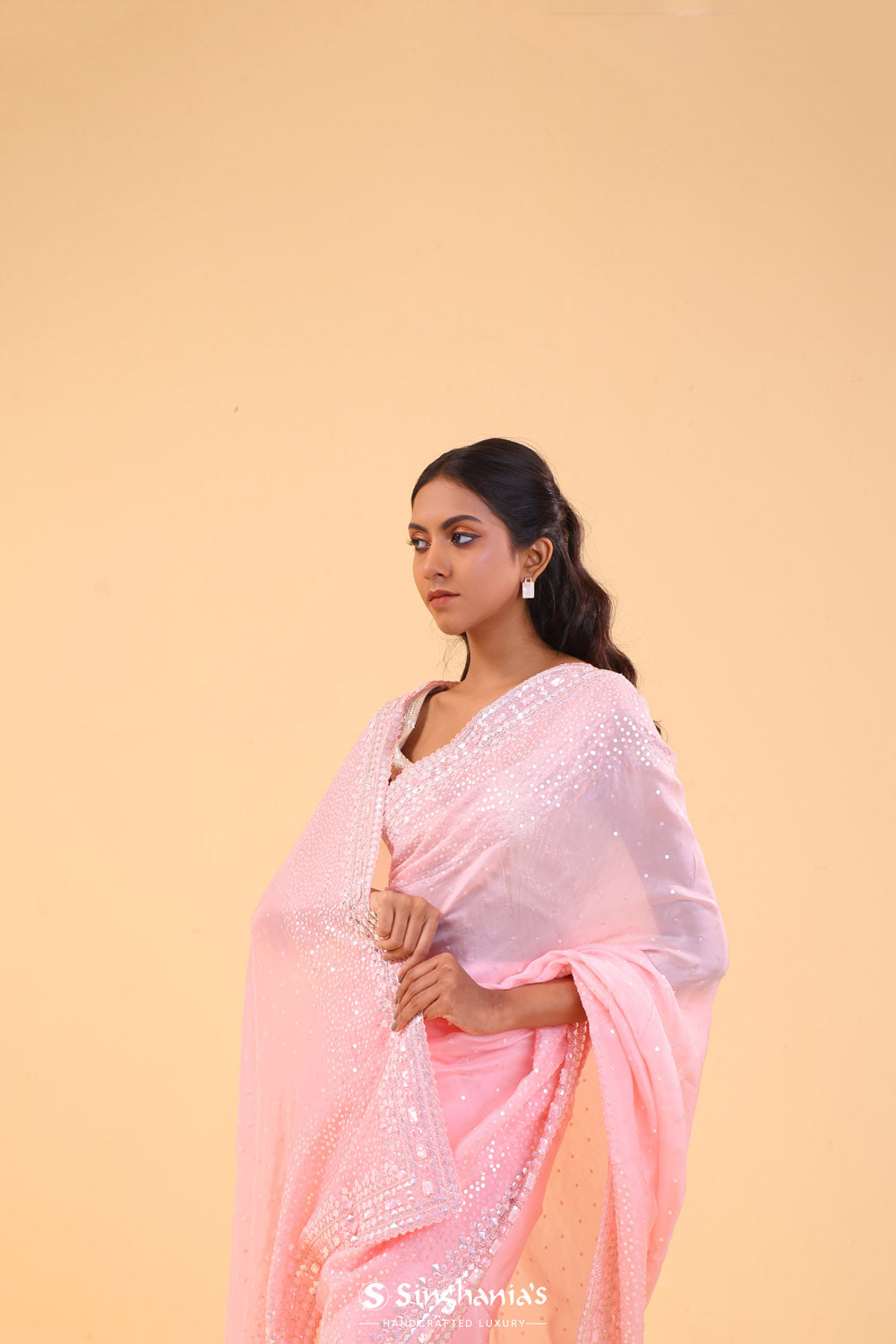 Pink Fluorite Organza Handcrafted Saree