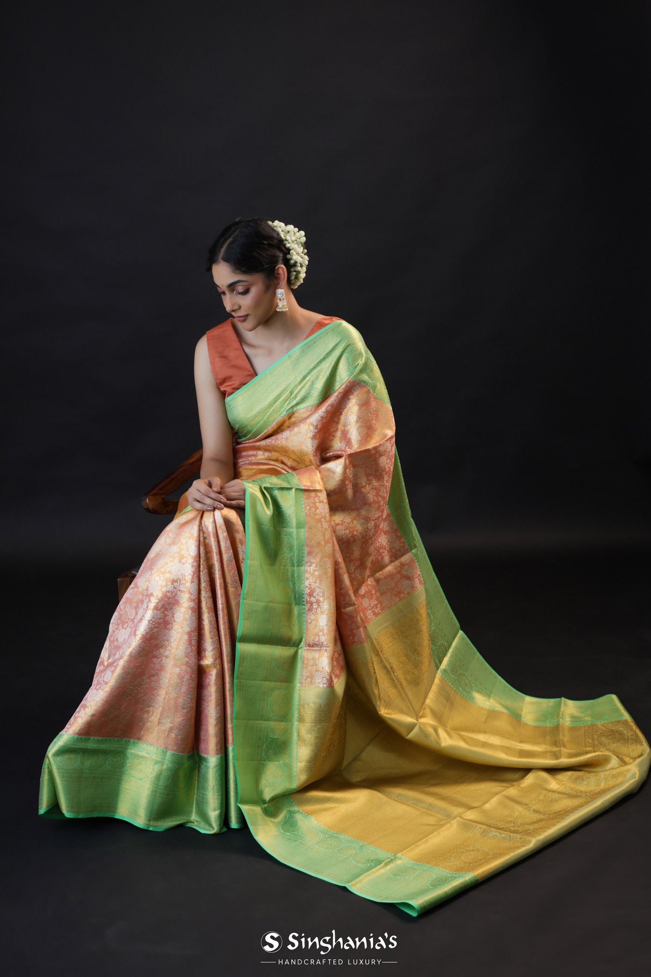 Pastel Peach Tissue Kanjivaram Silk Saree With Floral Jaal Weaving